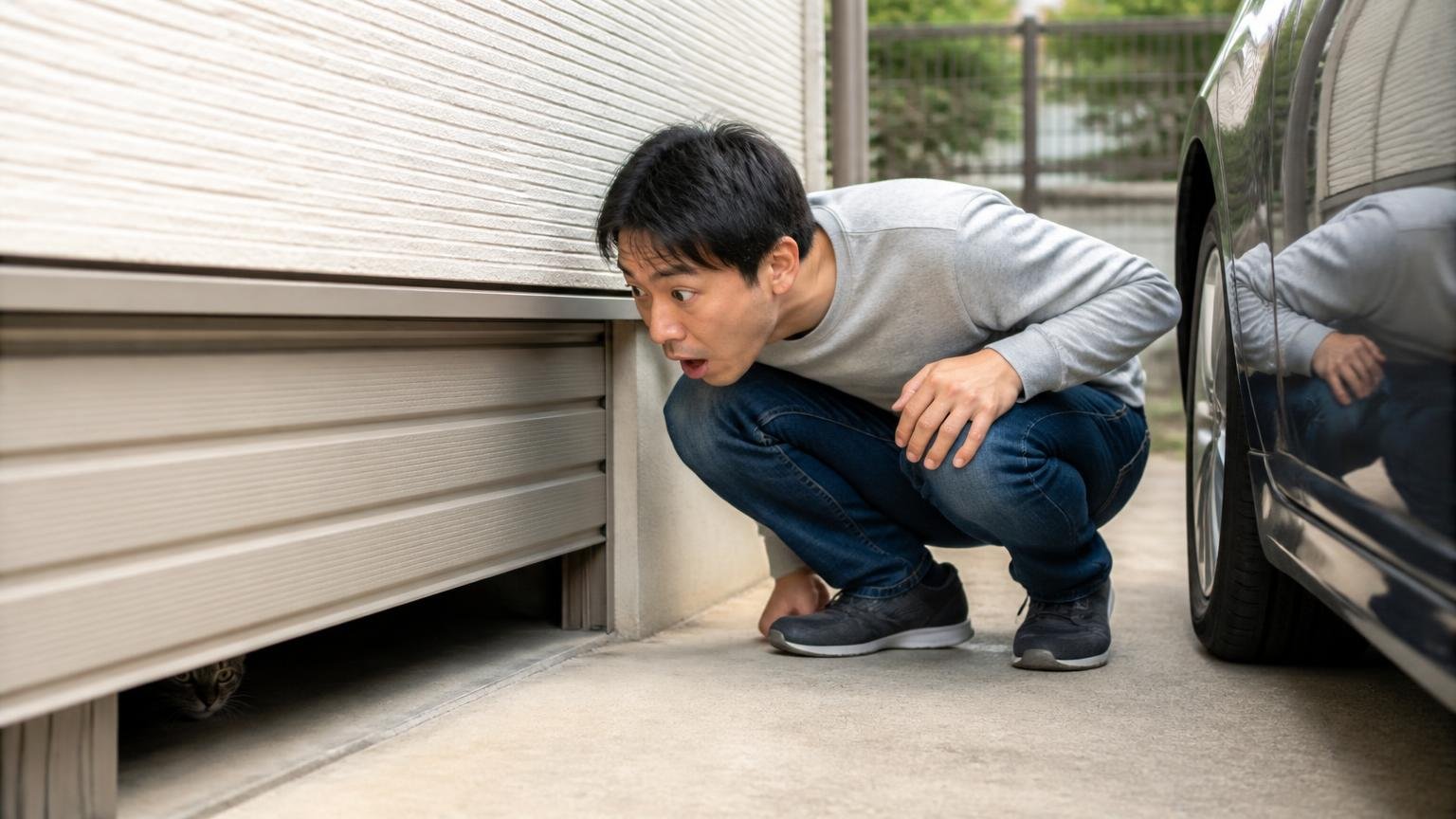 高所を全部ふさいでもまだ入られる現実。住宅のガレージ脇で男性1人がしゃがみ低い隙間を覗き込み驚く
