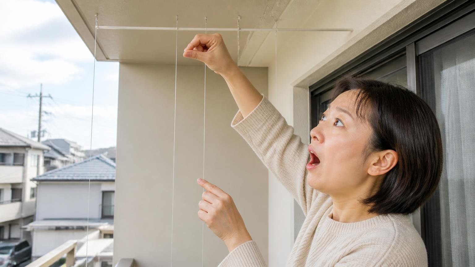 テグスの間隔が広すぎる失敗|住宅のベランダ天井付近|女性1人が糸の間隔を手で測って驚く表情