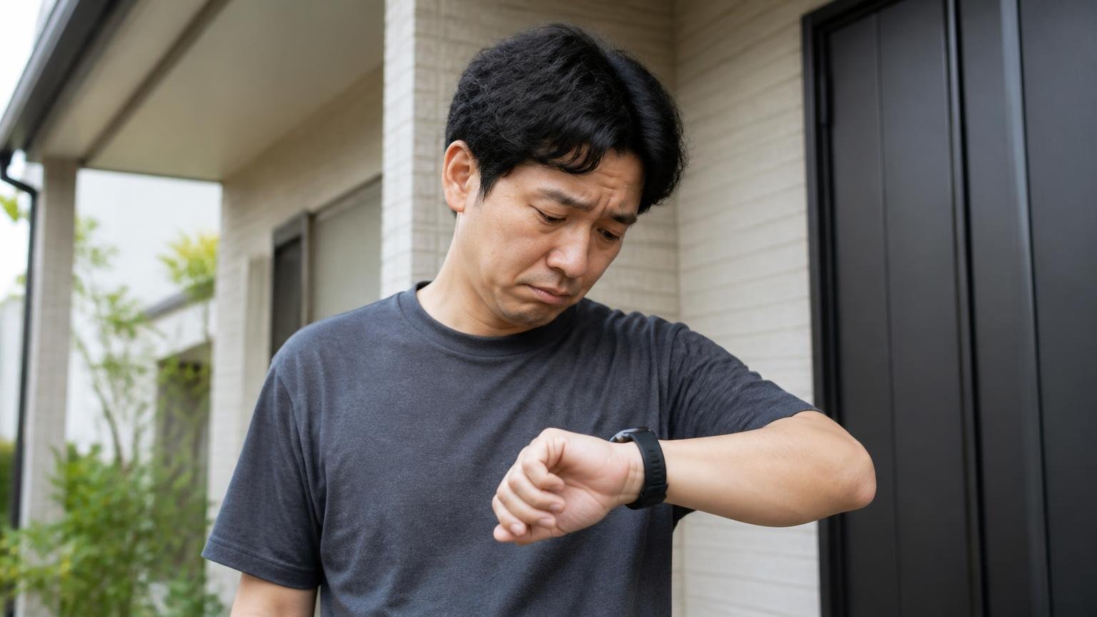 専用品でも効果が続くのは約3〜6時間|住宅の軒下で男性1人が腕時計を見て肩を落とす