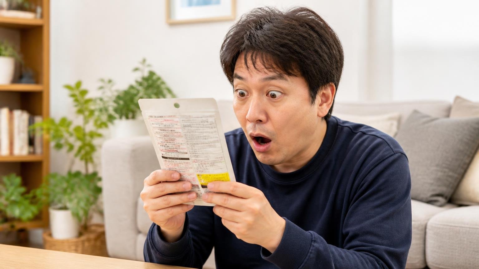 商品の注意書きを読み込む|リビングで商品パッケージの裏面を凝視する男性1人が驚いた顔