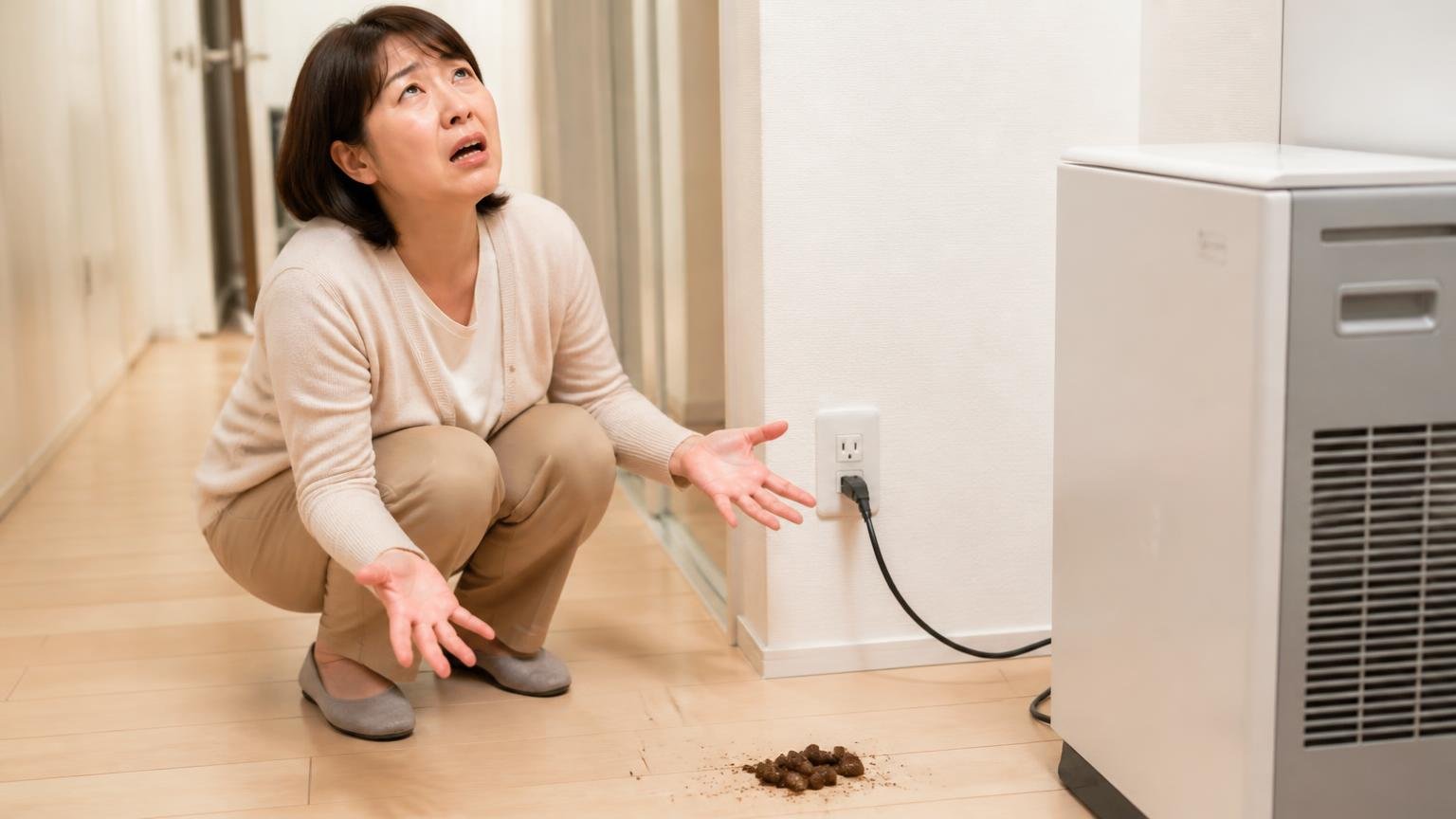 機器の前にフンを見つけた場面。廊下のコンセント前でしゃがみ込む50代女性が肩を落として天を仰ぐ
