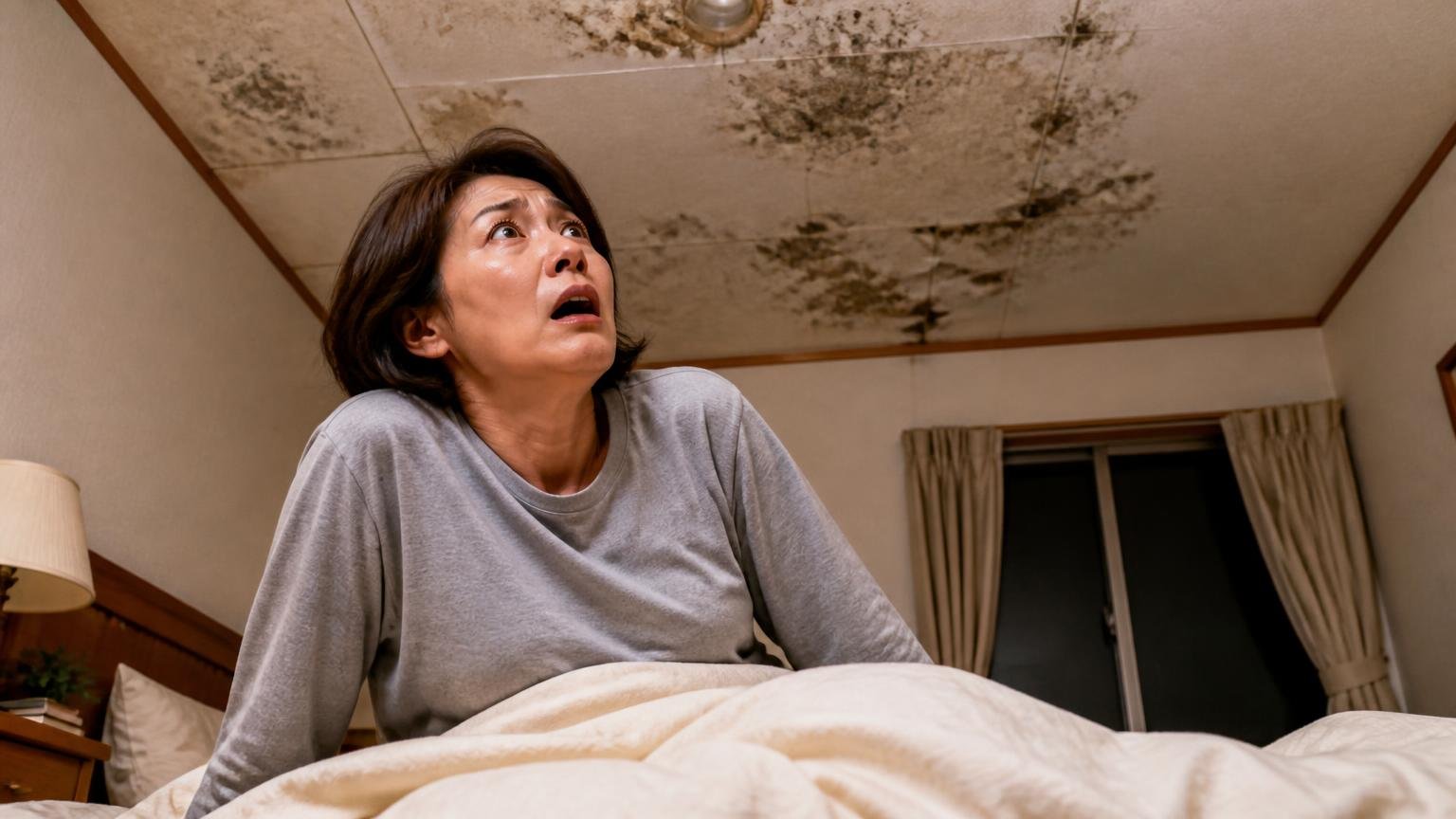 ★5の人が半年後に書き足したこと 深夜の木造戸建て寝室で天井を見上げ愕然とする40代女性が布団の上に座る