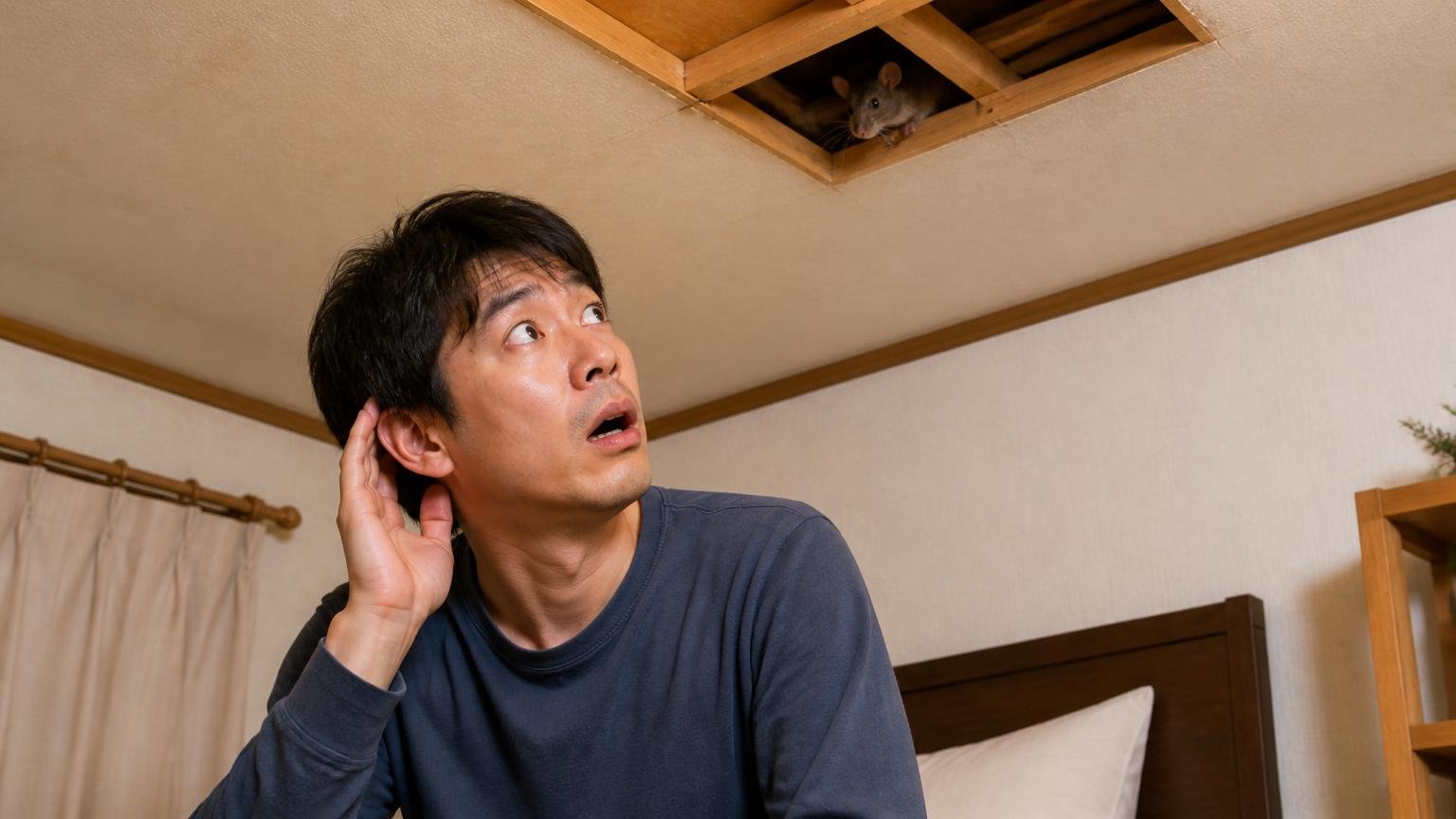 1ヶ月で戻ったネズミ 木造戸建ての天井を見上げる寝室で男性1人が驚き耳をすませる