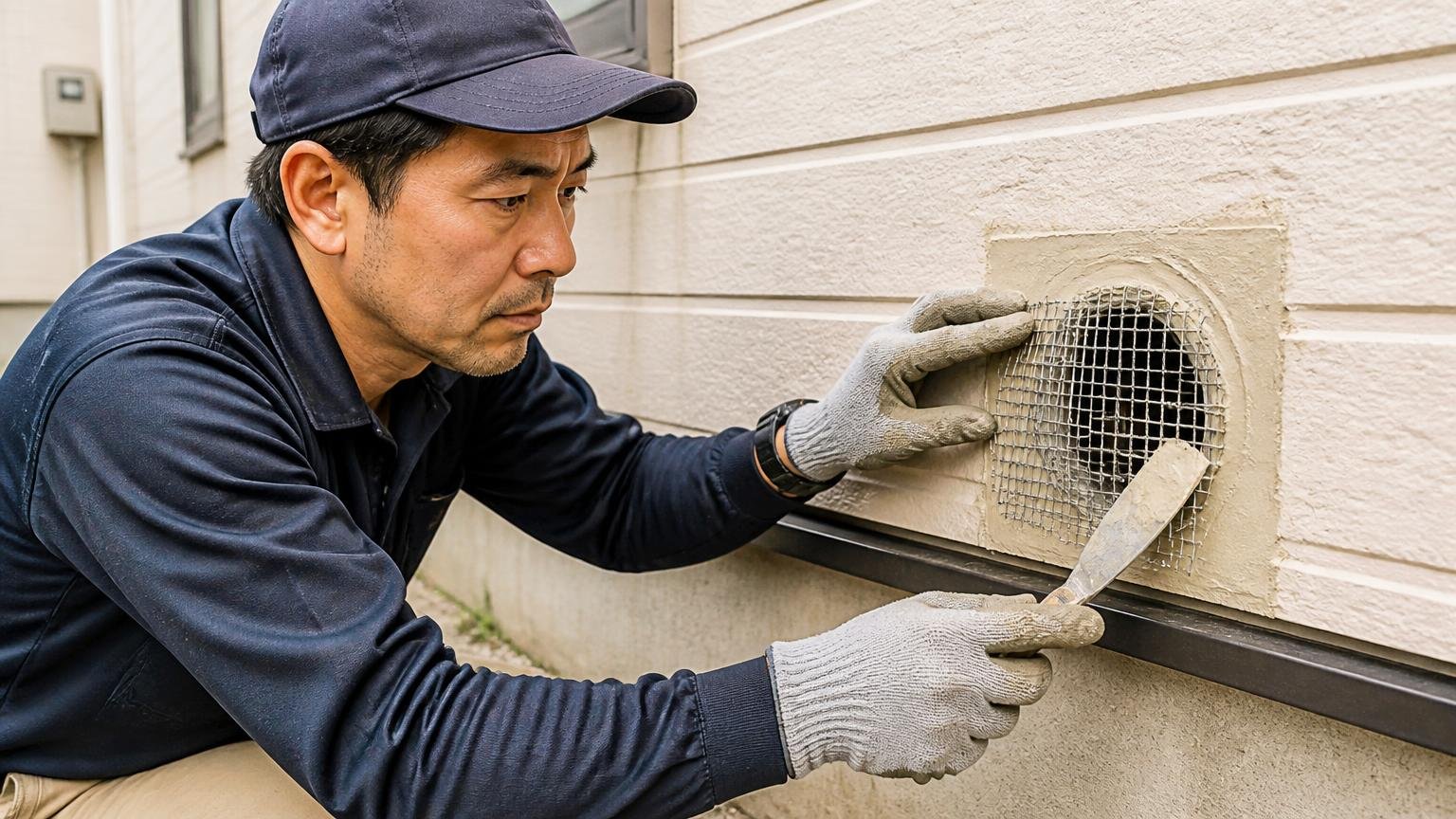 毒餌は入口をふさぐ道具ではない 住宅の通気口まわりの外壁 作業員1人 金網とパテを手に封鎖作業をする