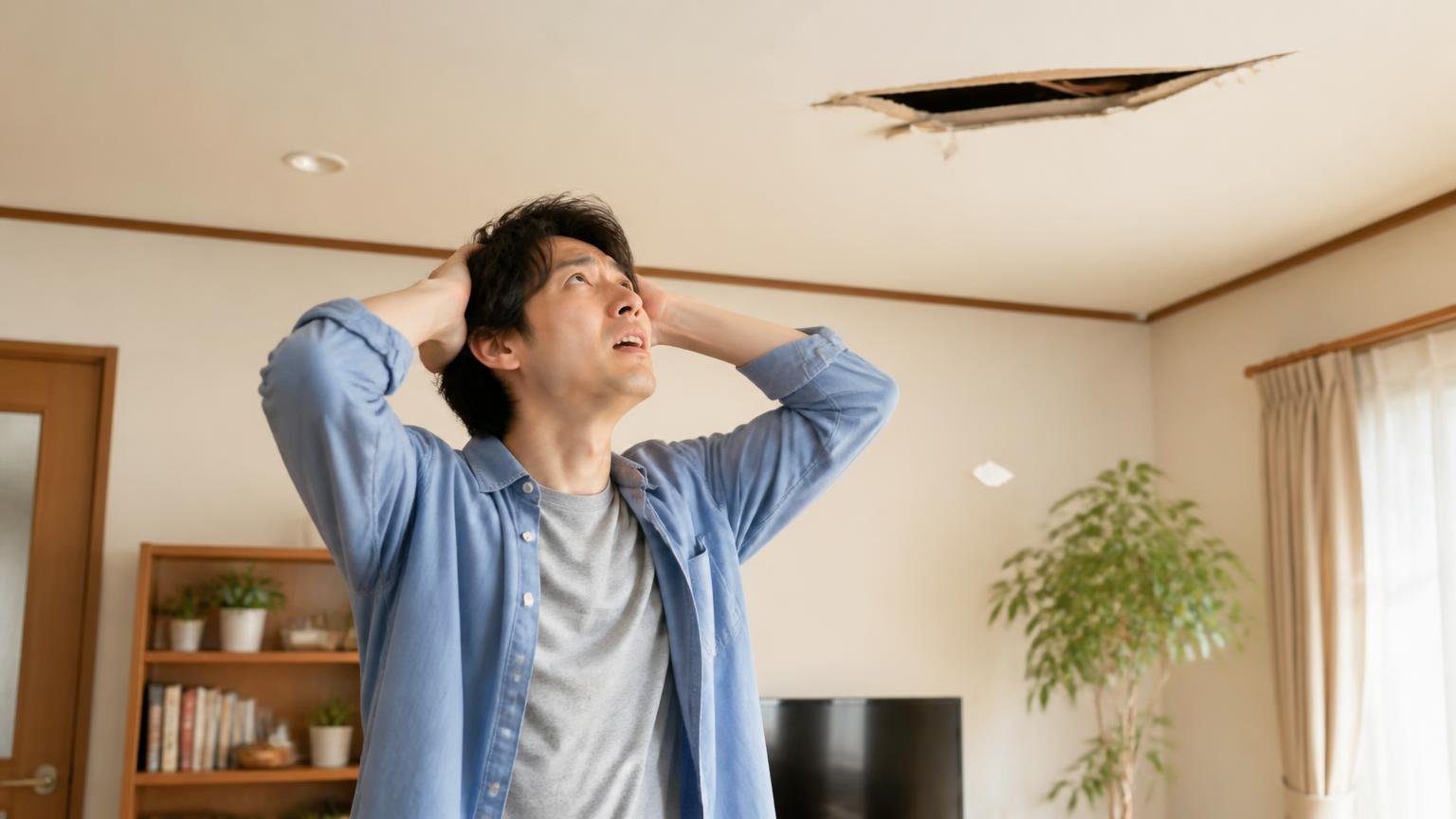 壊れていた間はネズミ復活というレビューが教えること 住宅の居間 男性1人 天井を見上げ落胆