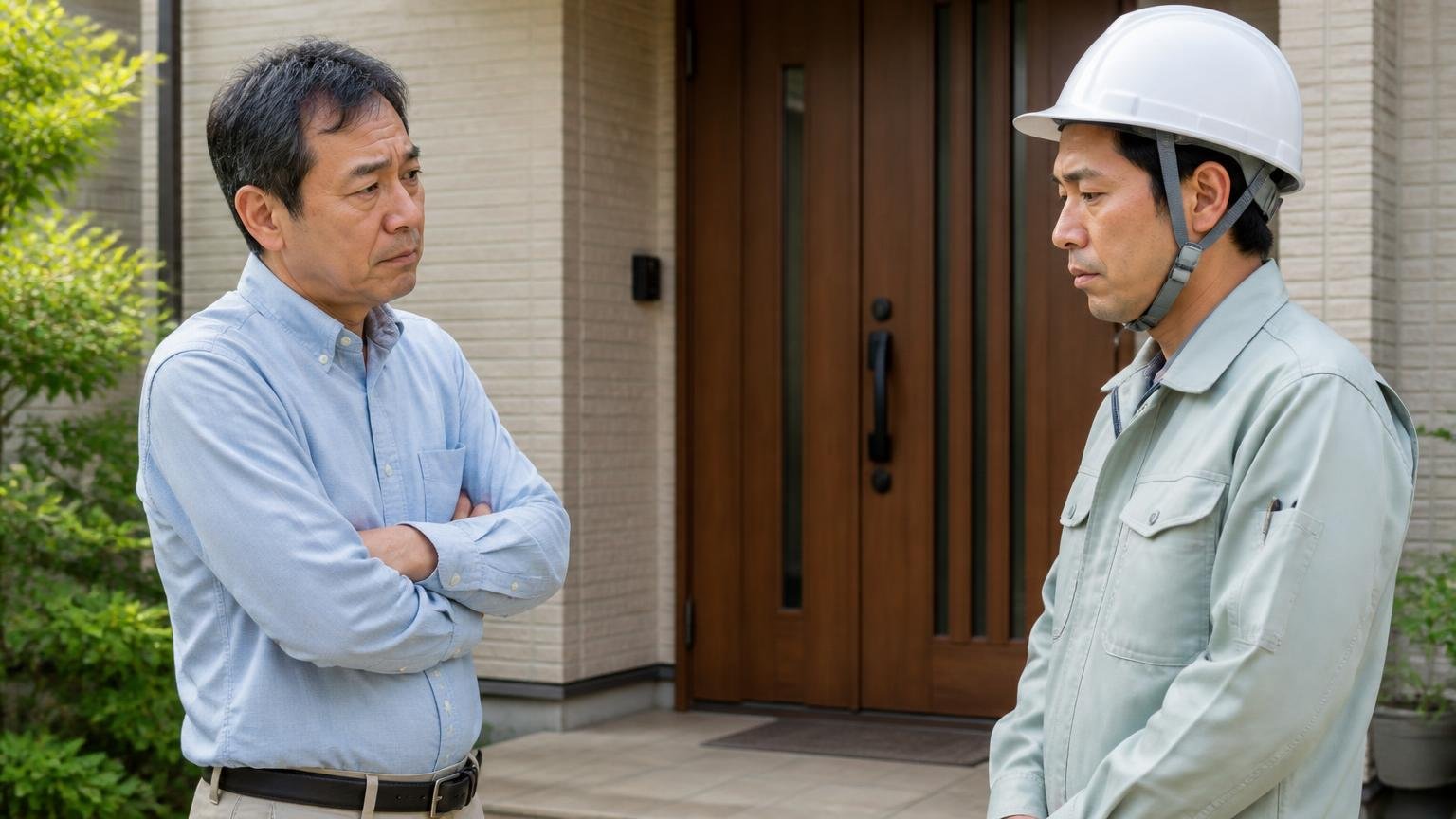対応してくれる人が寡黙だったという声 住宅の玄関前で作業員と向き合う戸建ての玄関まわり 50代男性と作業員の2人 会話が途切れて気まずい様子
