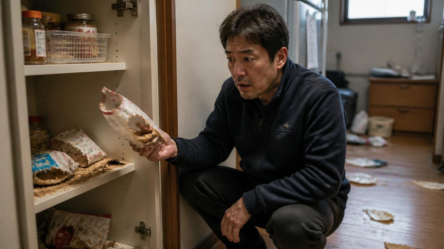 被害が進んだ家では追いつかない。台所の食品棚でかじられた袋を見つけ立ち尽くす40代男性