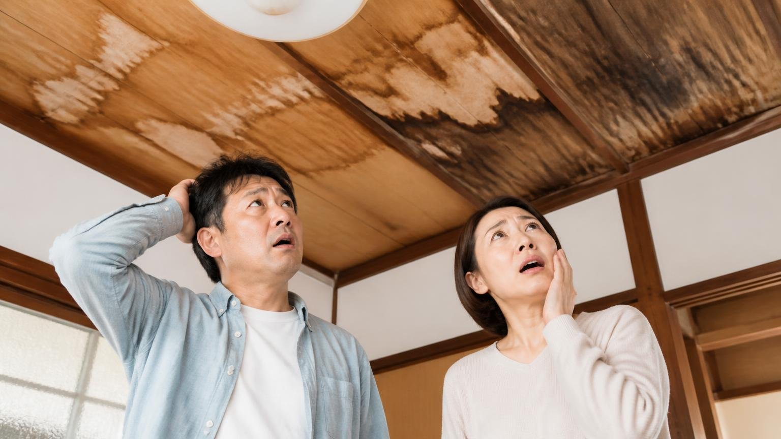 向いていない家の特徴。築古の木造戸建ての天井を見上げる住人男性1人と女性1人が困り果てた表情