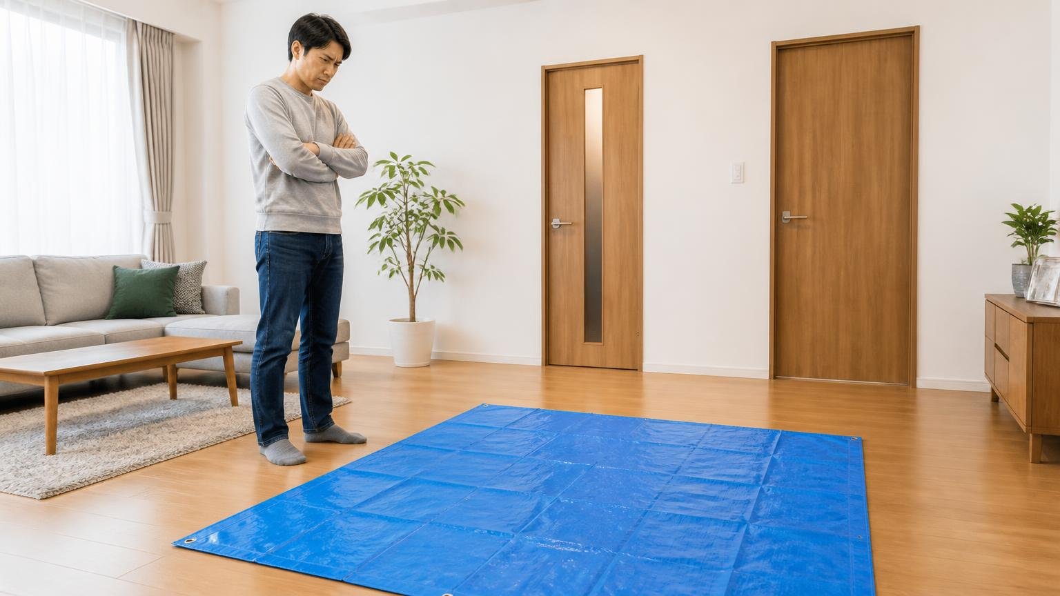 置いた場所が通り道からずれている。部屋の中央に置かれたシートを前に男性1人が腕を組み困惑