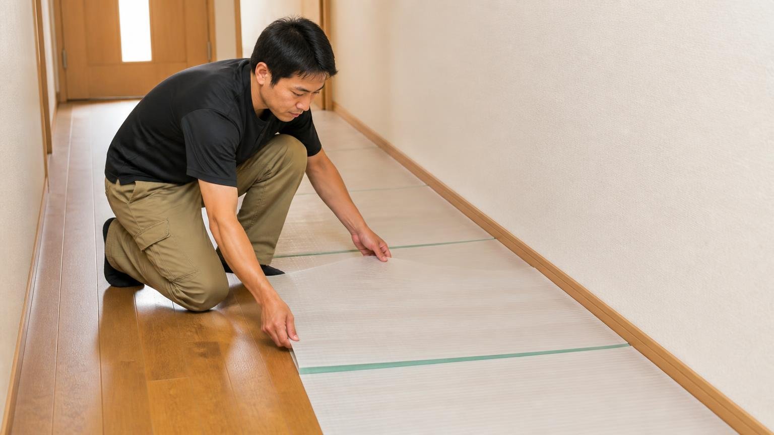 乾いた壁際に複数枚3日は動かさない 住宅の廊下の壁沿いで 男性1人が シートを何枚も敷き詰めて並べる
