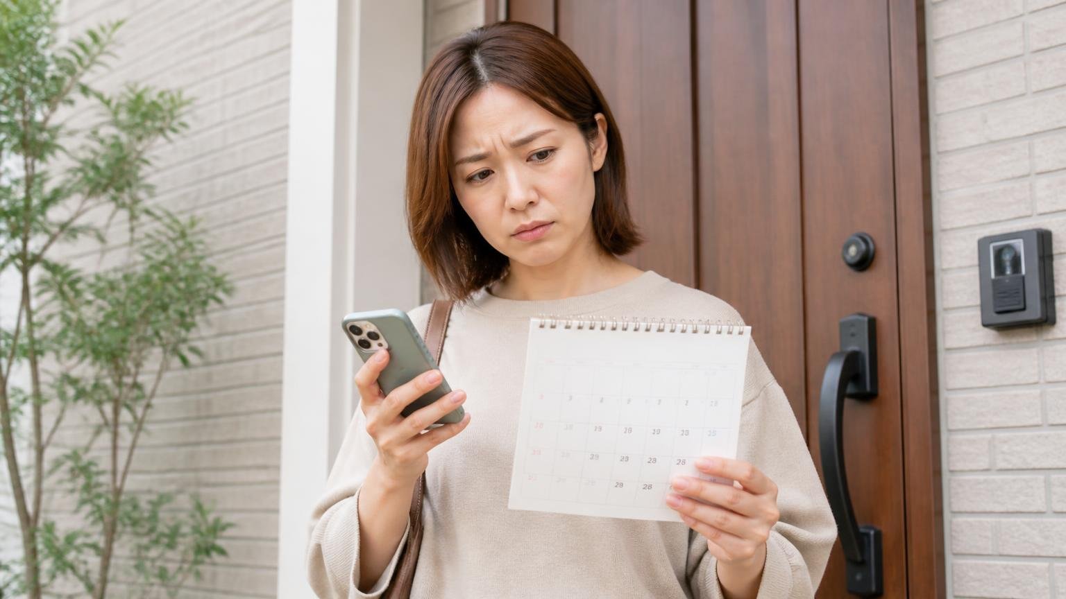 繁忙期は現地調査まで数日待った|玄関前でカレンダーとスマホを見比べて困り顔の30代女性1人