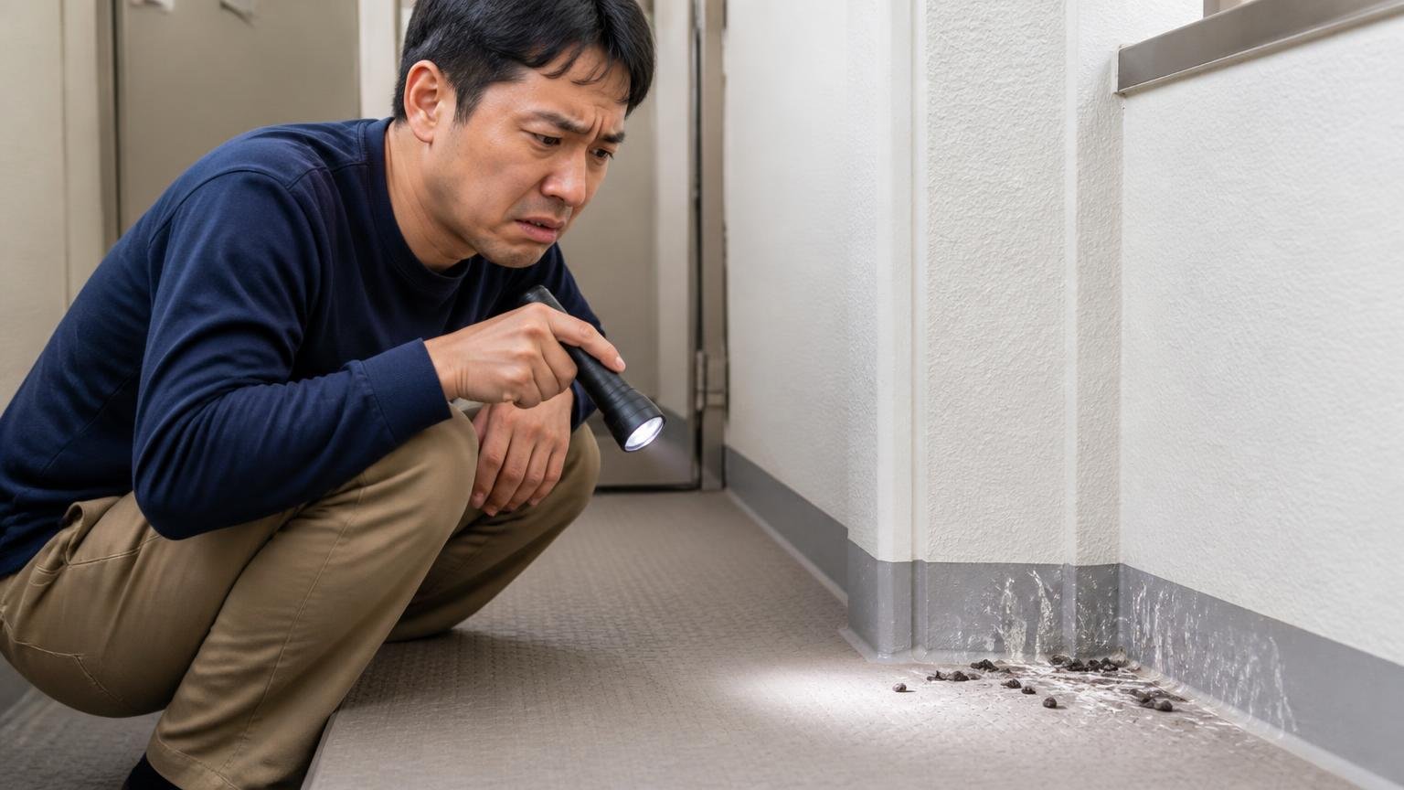 噴霧したのにフンが落ちていて落胆する場面 住宅の廊下すみで懐中電灯を向ける 30代男性が眉をひそめる