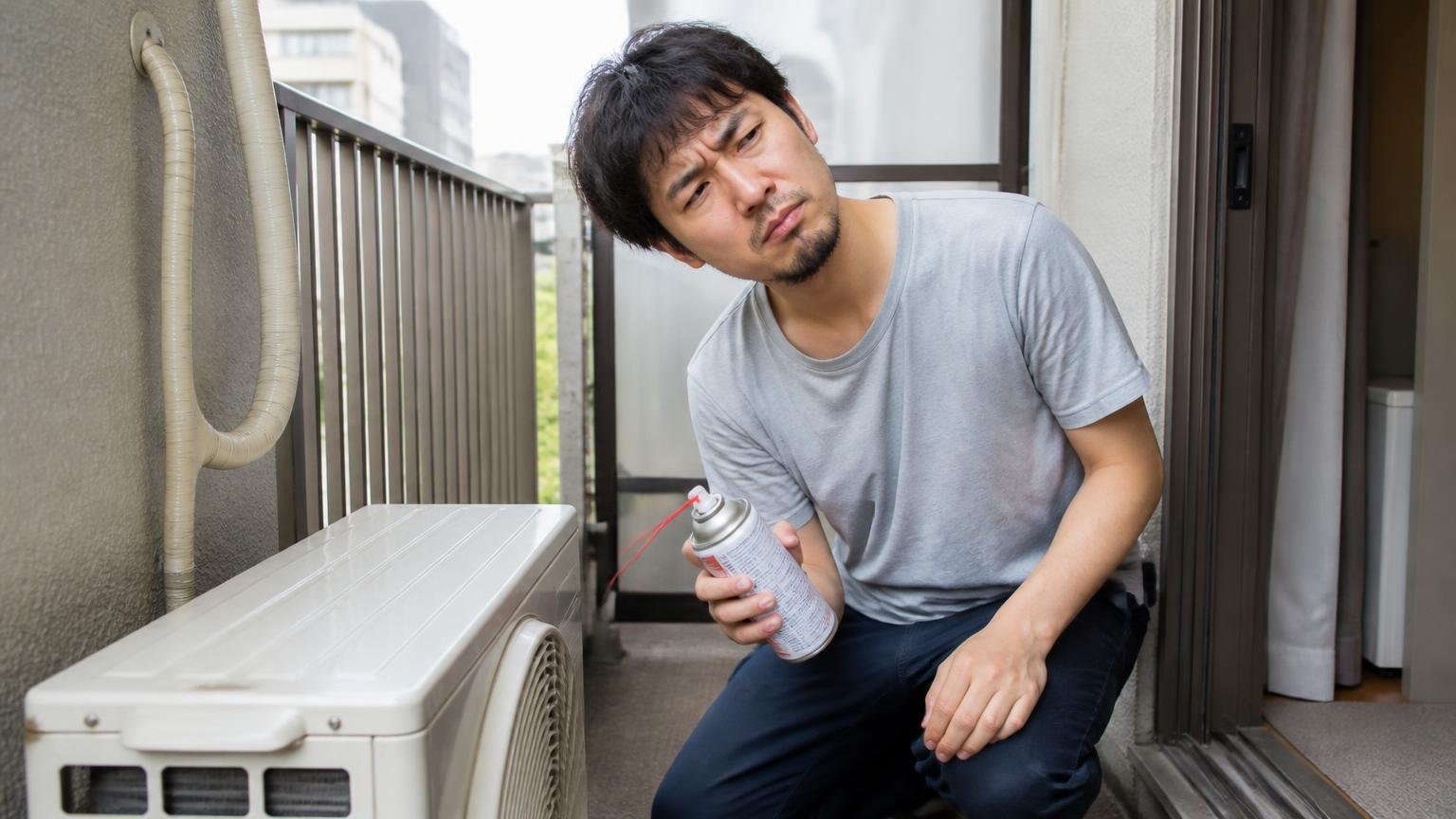 風が抜ける場所で使っていた・マンションのベランダの室外機まわり・住人1人・スプレー缶を持ったまま首をかしげる