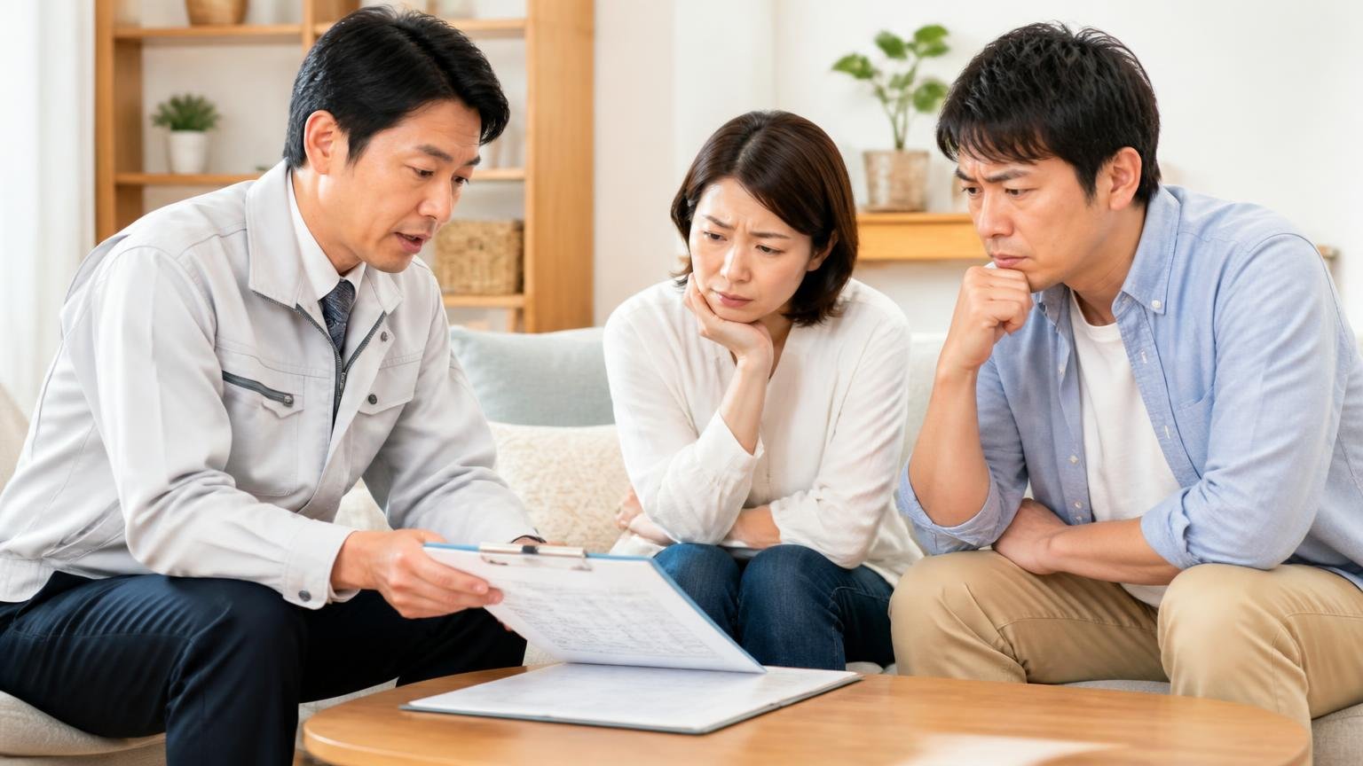 事前の見積りがもう少し詳しく説明されていればという不満 リビングで作業員と住人2名 見積書を挟んで説明を受ける