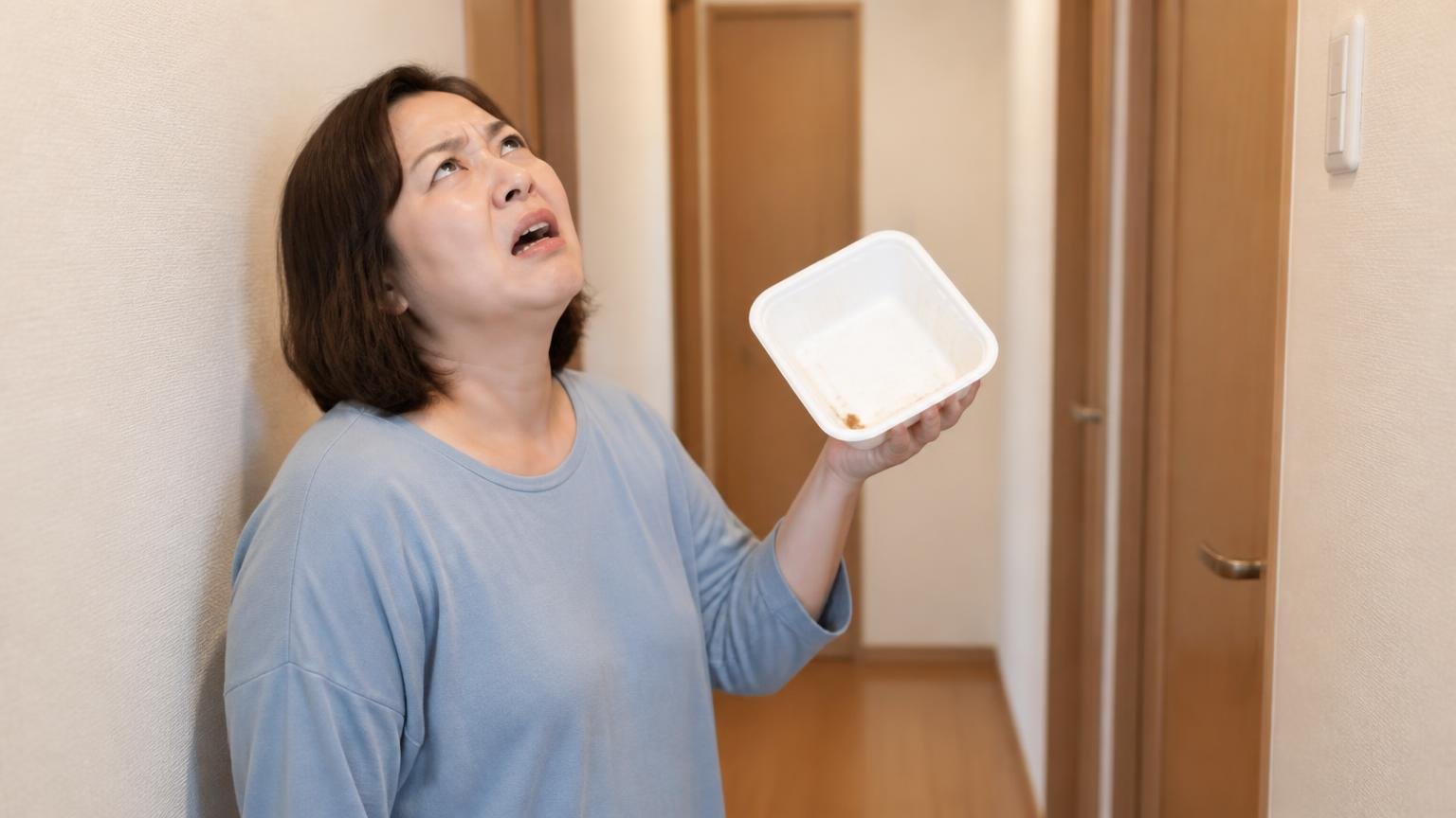 食べているのに一向に死なない/住宅の廊下で40代女性1人が空の容器を持ち呆れた表情で天井を見る
