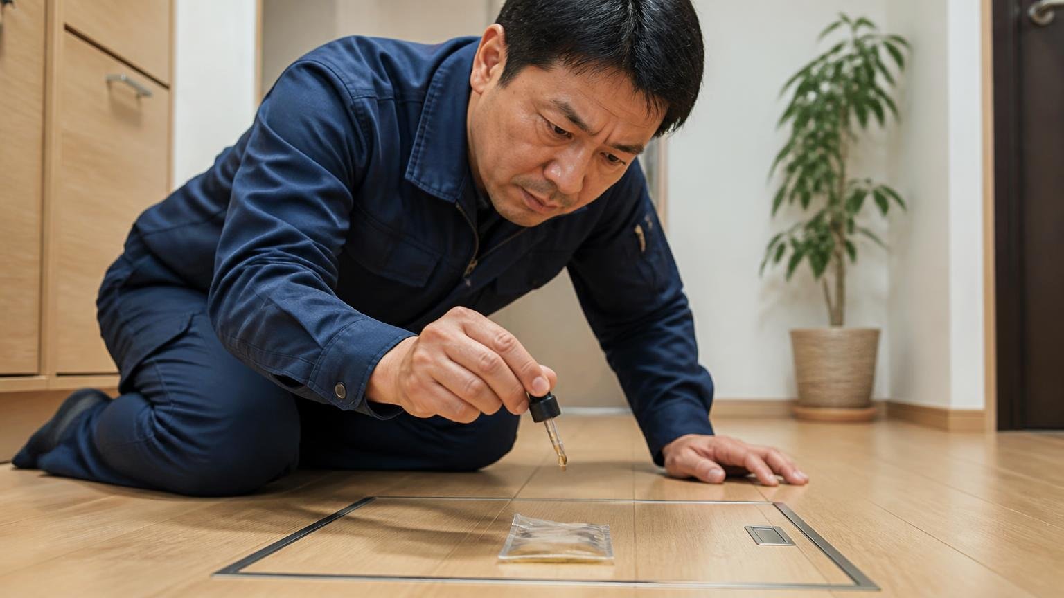 食いつきを良くするひとかけの工夫。住宅の床下点検口の前で小袋に油をたらす男性1人が真剣な表情