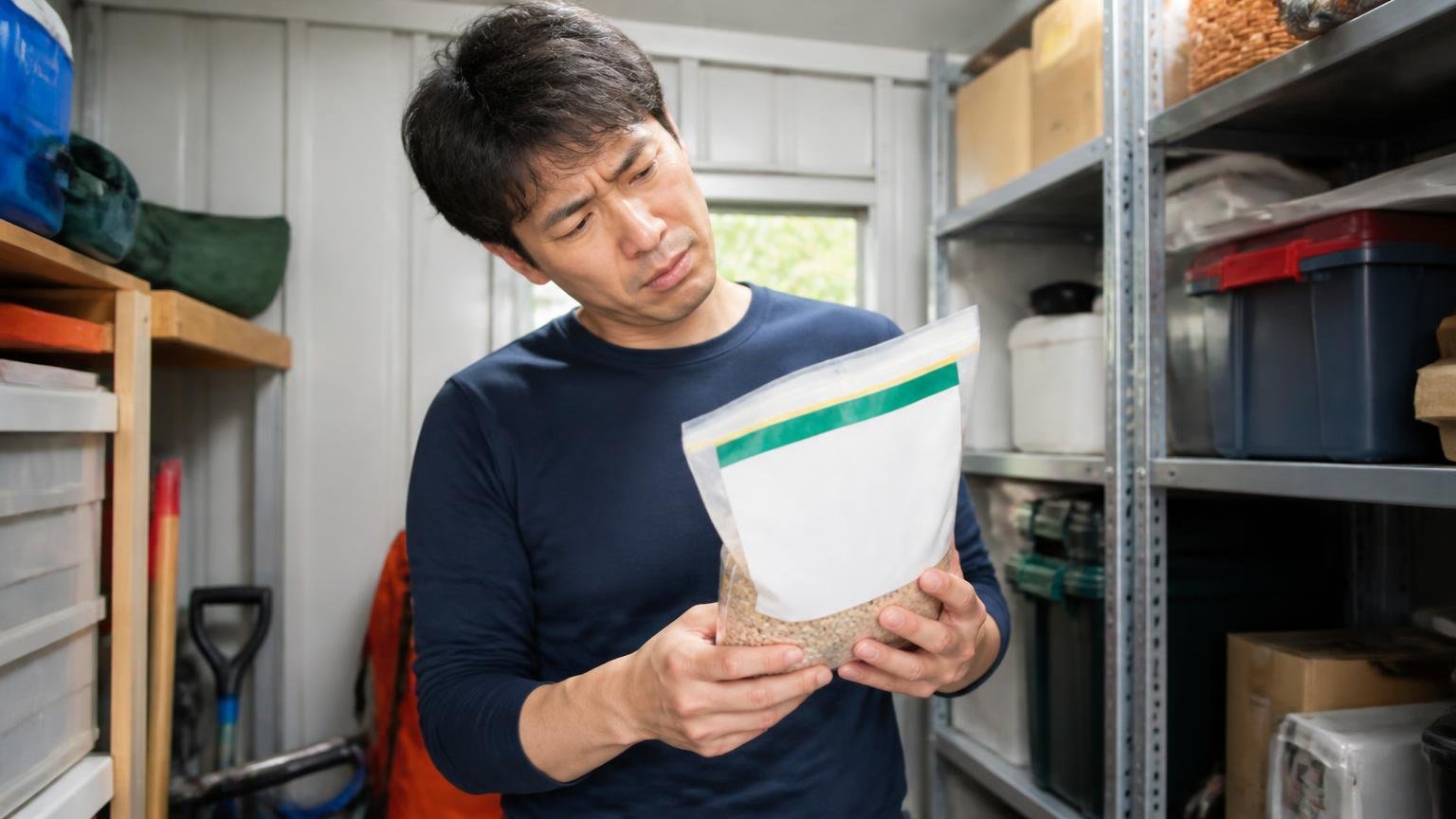 1匹倒した後に食べなくなる学習のケース。住宅の物置の中で男性がかじり跡のない袋を手に取り首をかしげている