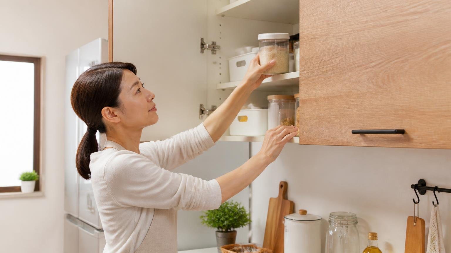 自治体が示す防除の基本3ステップ。住宅のキッチンで女性1人が食品を戸棚に片づける