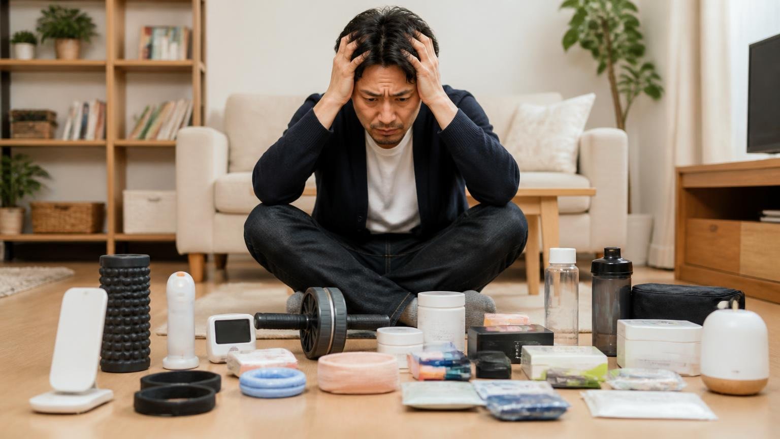 うまくいかなかった手段には共通点がある。床に並べた市販グッズを前に頭を抱える30代男性