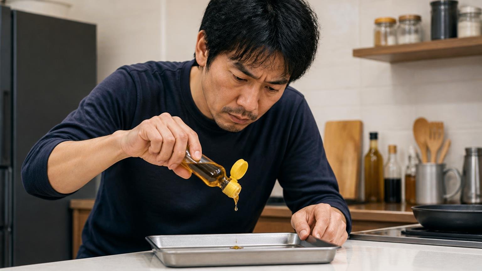 食べないときは油やソースを数滴。住宅の台所でトレーに油をたらす男性1人が真剣な表情で手元を見ている