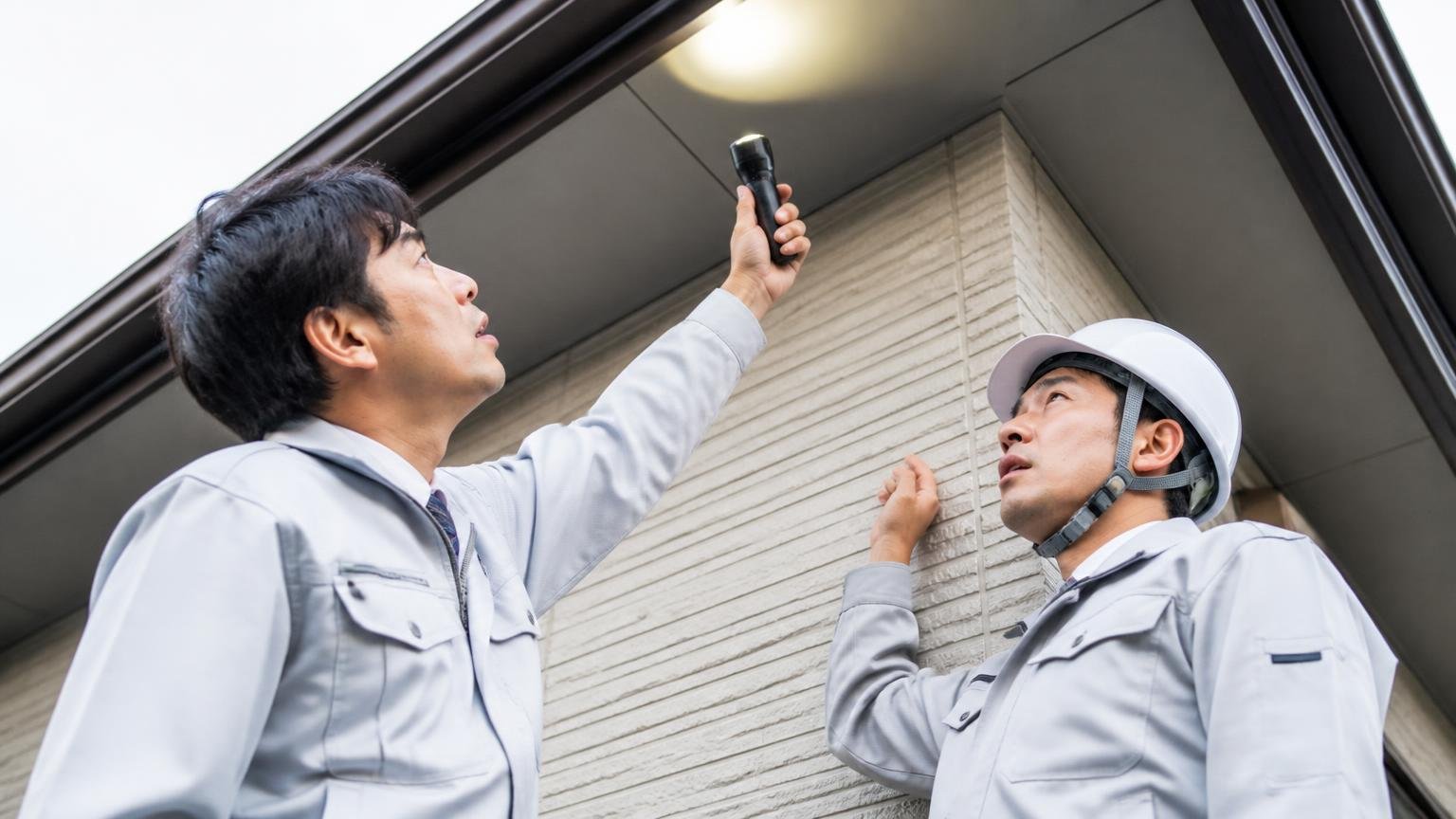 音や被害だけで自分で見分けるのは難しい|家の外壁まわりで軒下を見上げて点検する|作業着の男性2人|懐中電灯で軒下を照らす