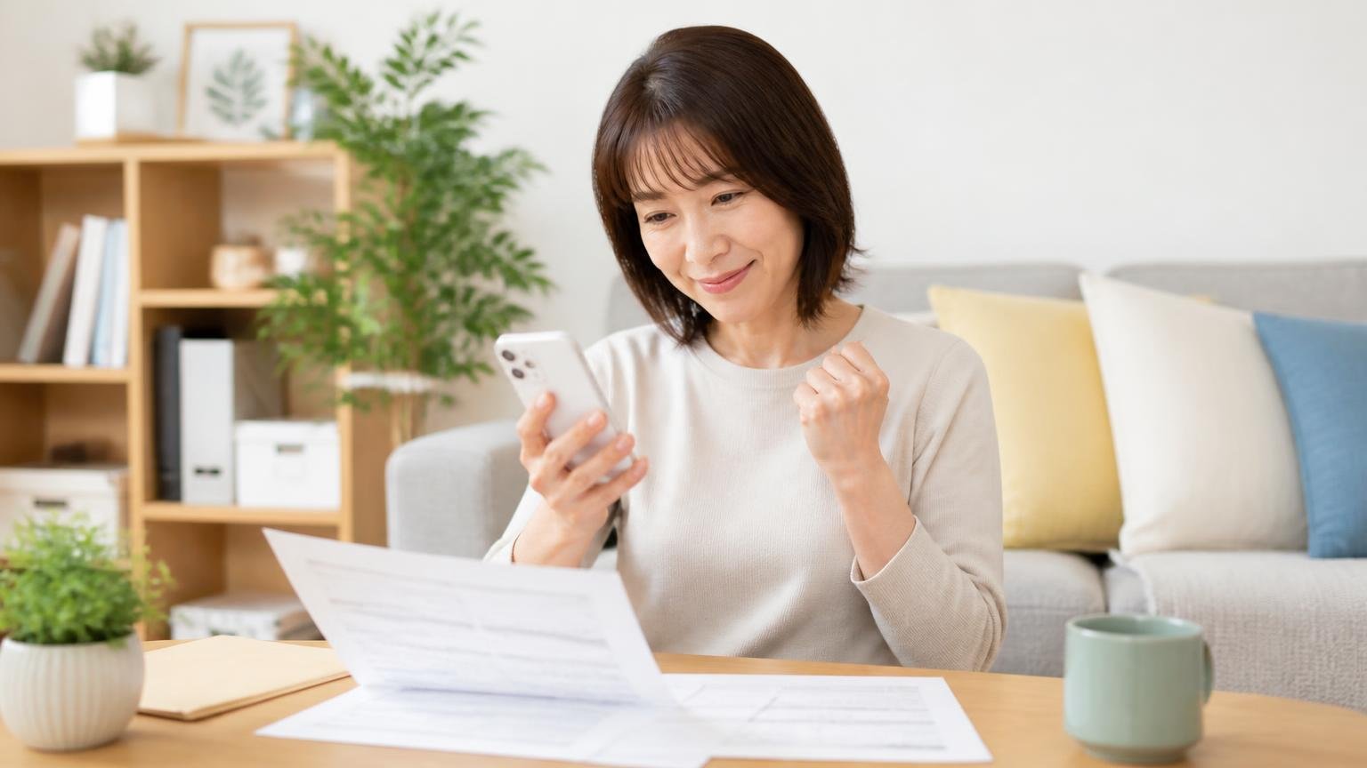 家ねずみ3種は捕獲許可がいらない、リビングで書類を見る、スマホで自治体を調べる女性1人、納得した表情
