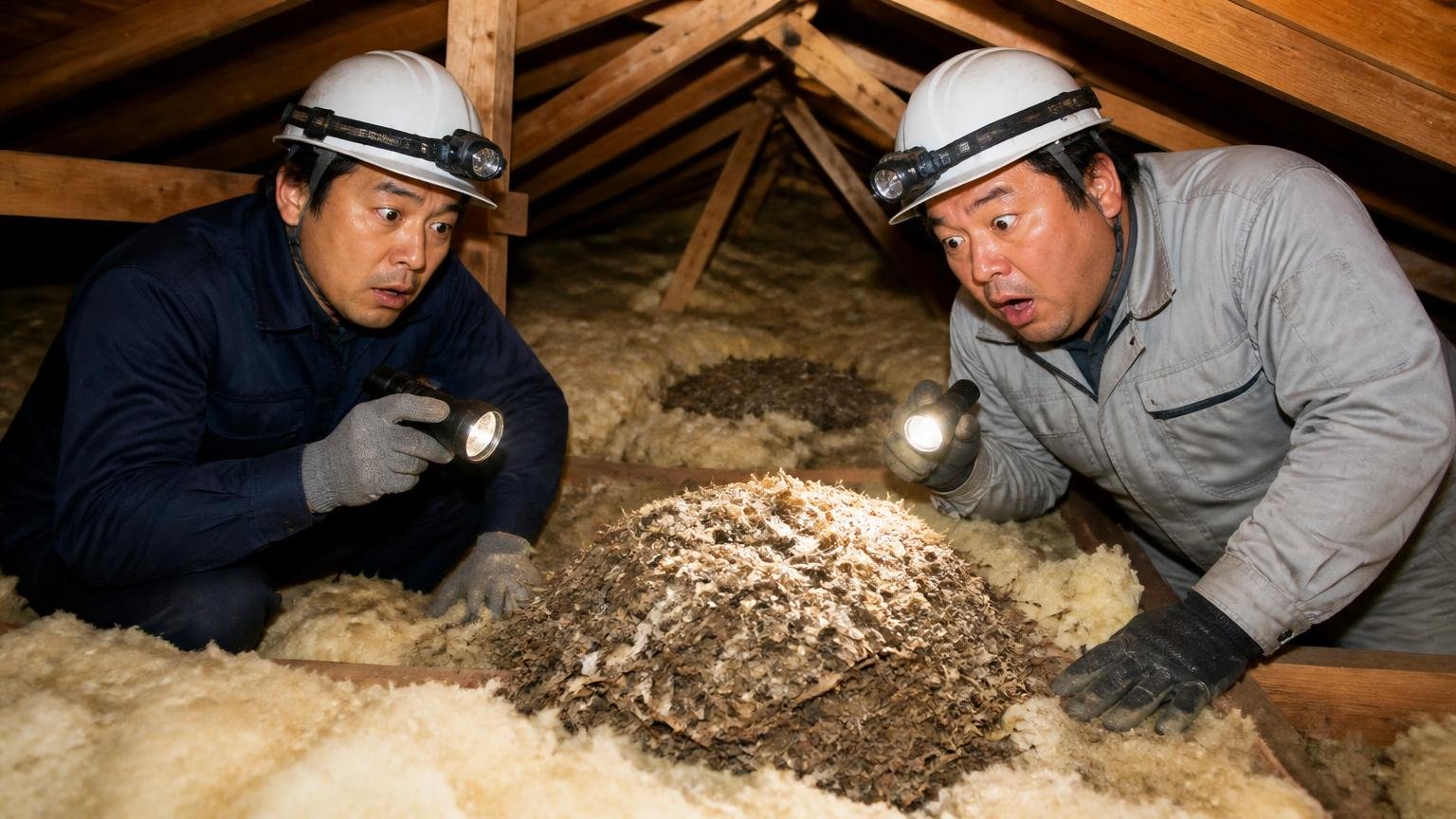 通り道の段階か巣になっているか 天井裏で作業員2人が断熱材の巣を懐中電灯で照らす