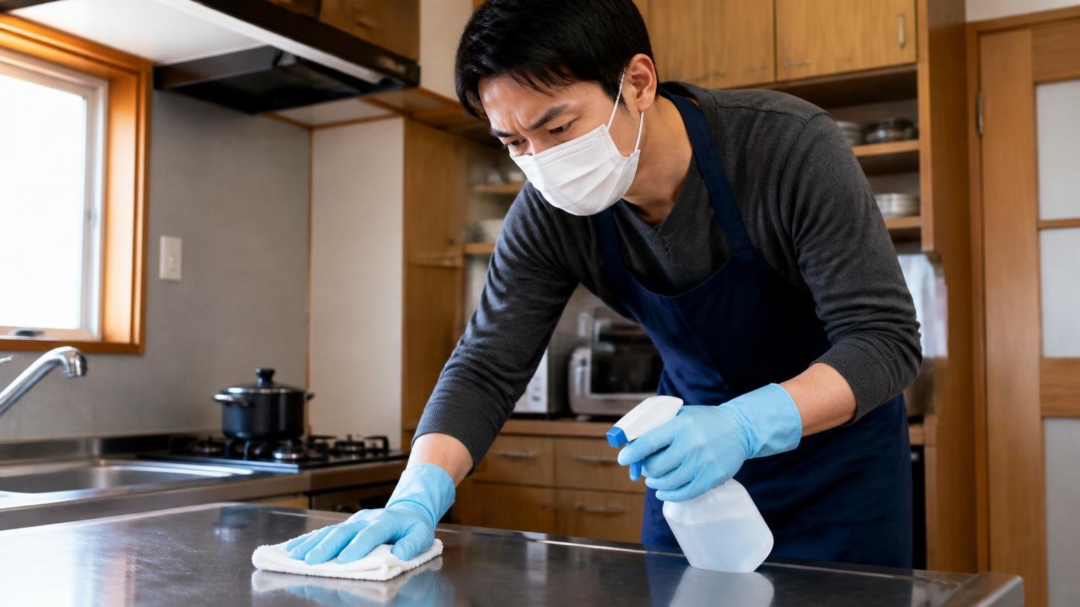 公的機関が示す掃除の手順は取り除く水拭きアルコール。木造戸建ての台所で手袋とマスクをして拭き掃除する住人1人が慎重な表情