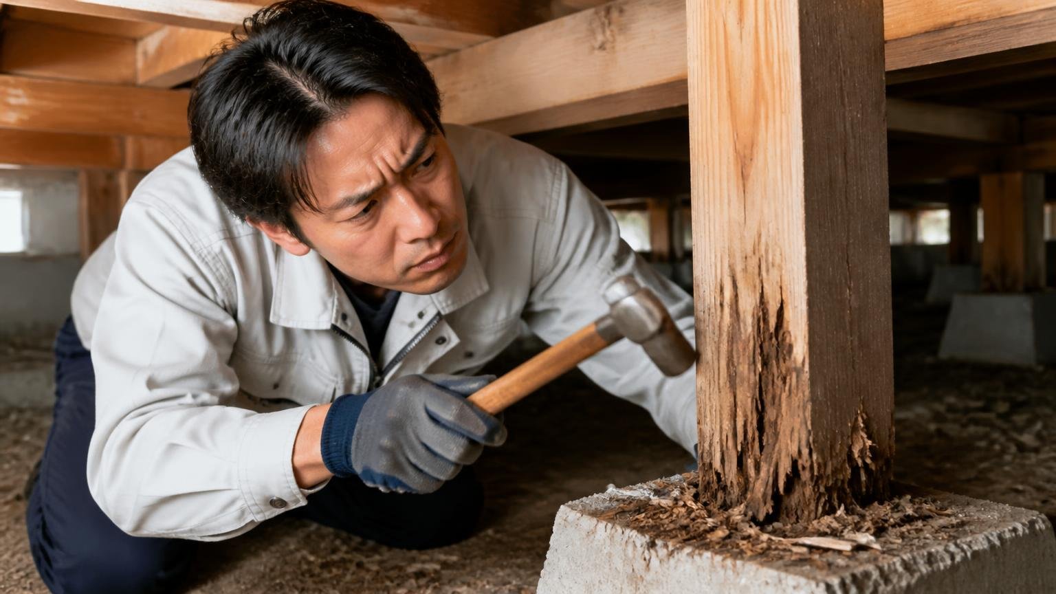 木部が弱っているサインを確認する 住宅の床下の柱 叩いて音を確かめる調査員1人 眉間にしわを寄せる