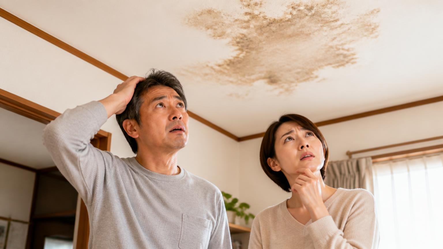 中型動物の侵入サイン。木造戸建ての天井に広がるシミを見上げる40代男性と30代女性が困惑