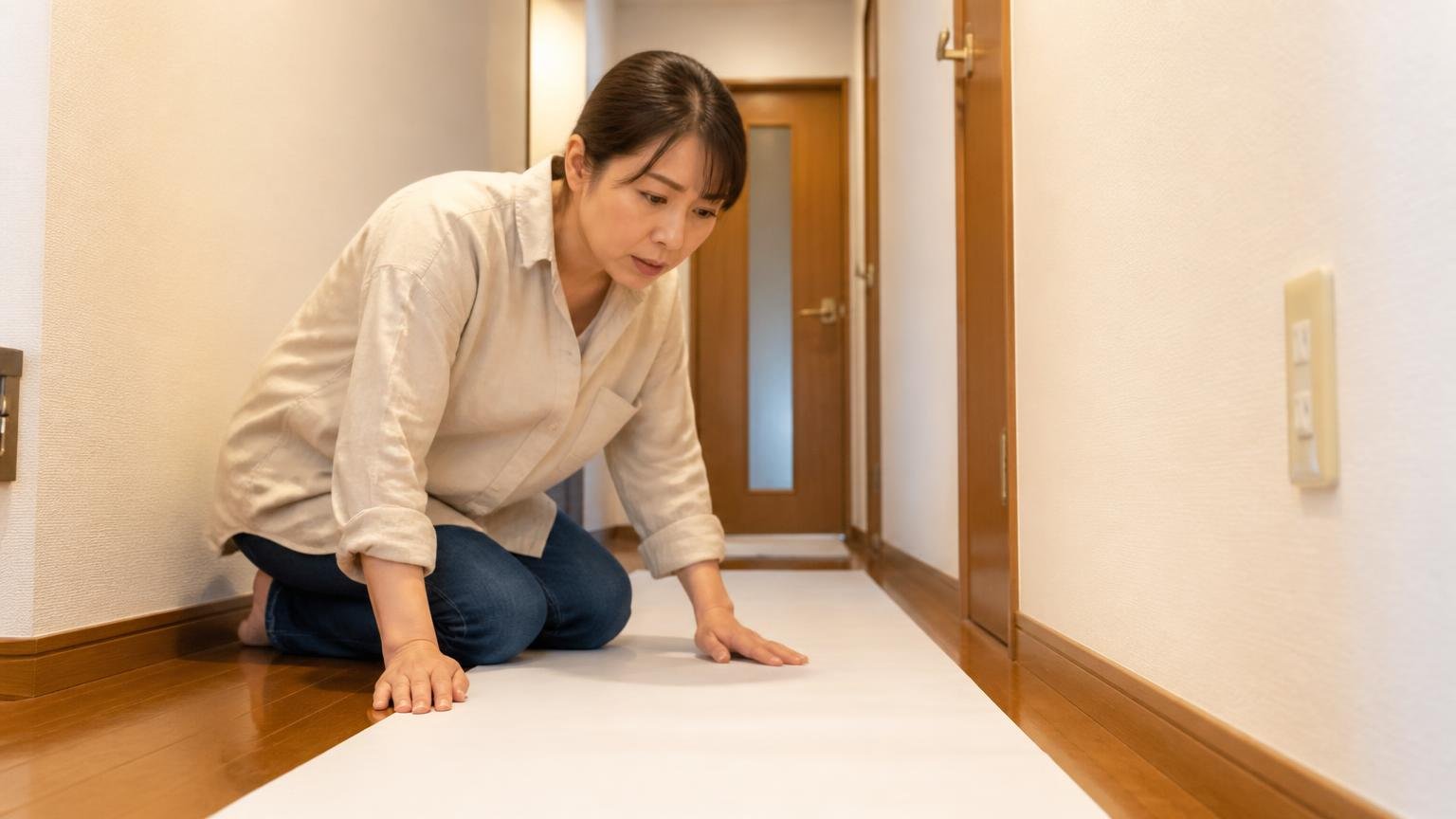 サインが見つからなかった場合の考え方|住宅の廊下の床に白い紙を敷いて様子を見る女性1人