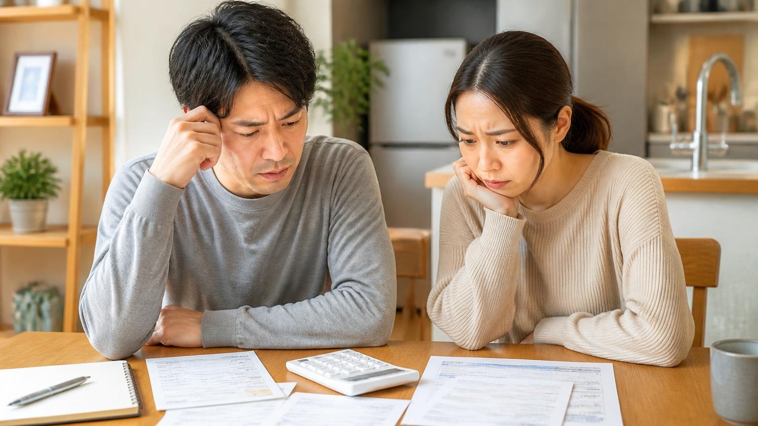 実際に支払われた金額の幅。自宅のダイニングで請求書と電卓を前に考え込む30代夫婦2人