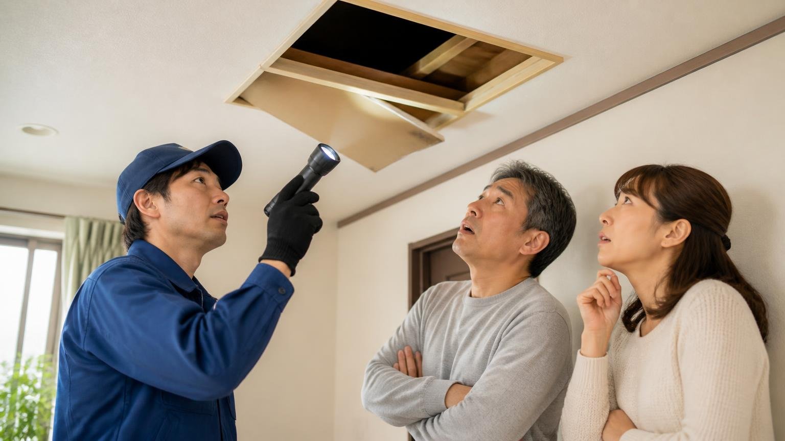 薬を変えても減らない。天井裏の点検口前で懐中電灯を向ける作業員と住人2人