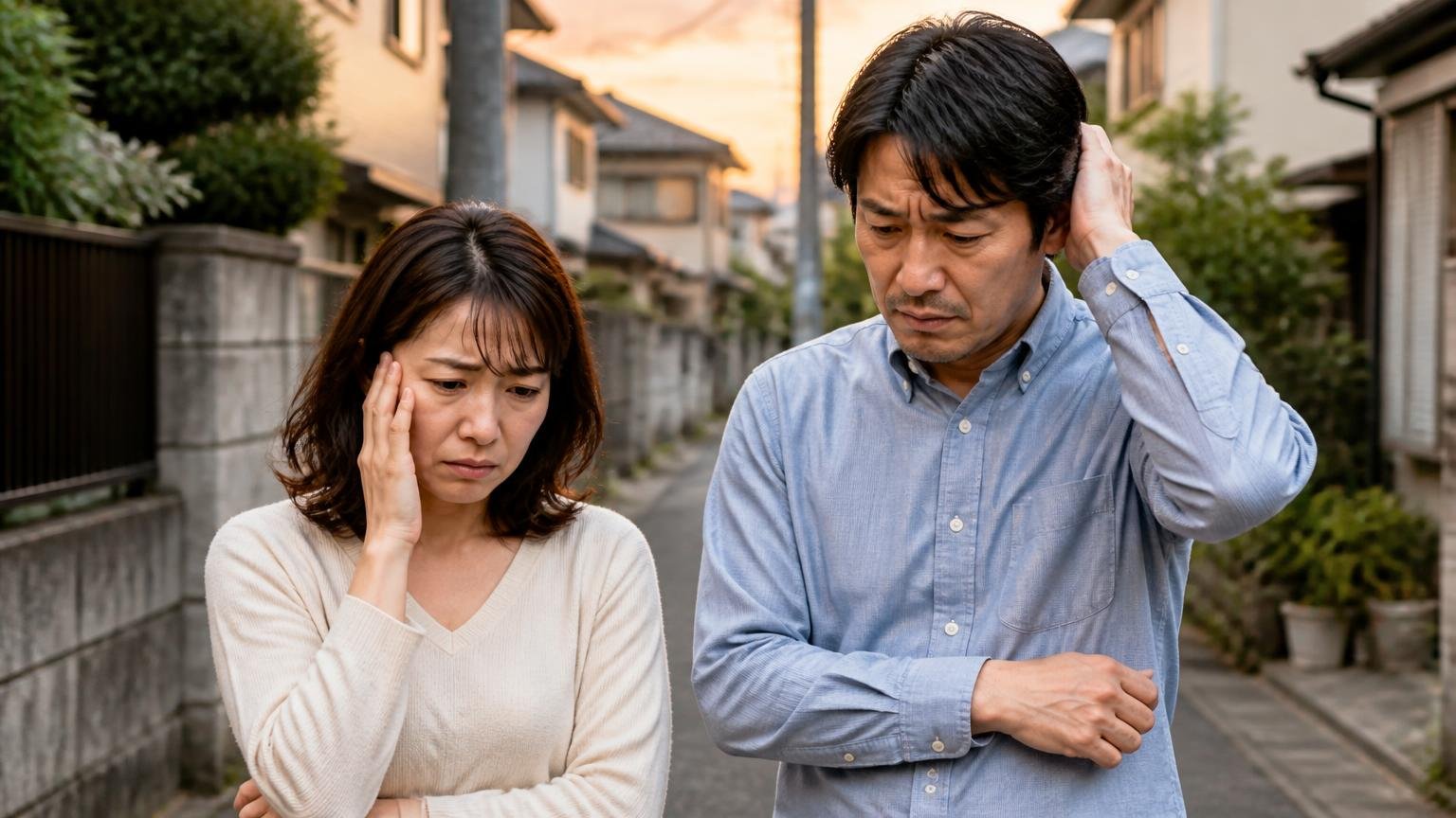 逃がすをおすすめできない4つの理由。夕暮れの住宅街の路地で30代女性と40代男性が困り顔