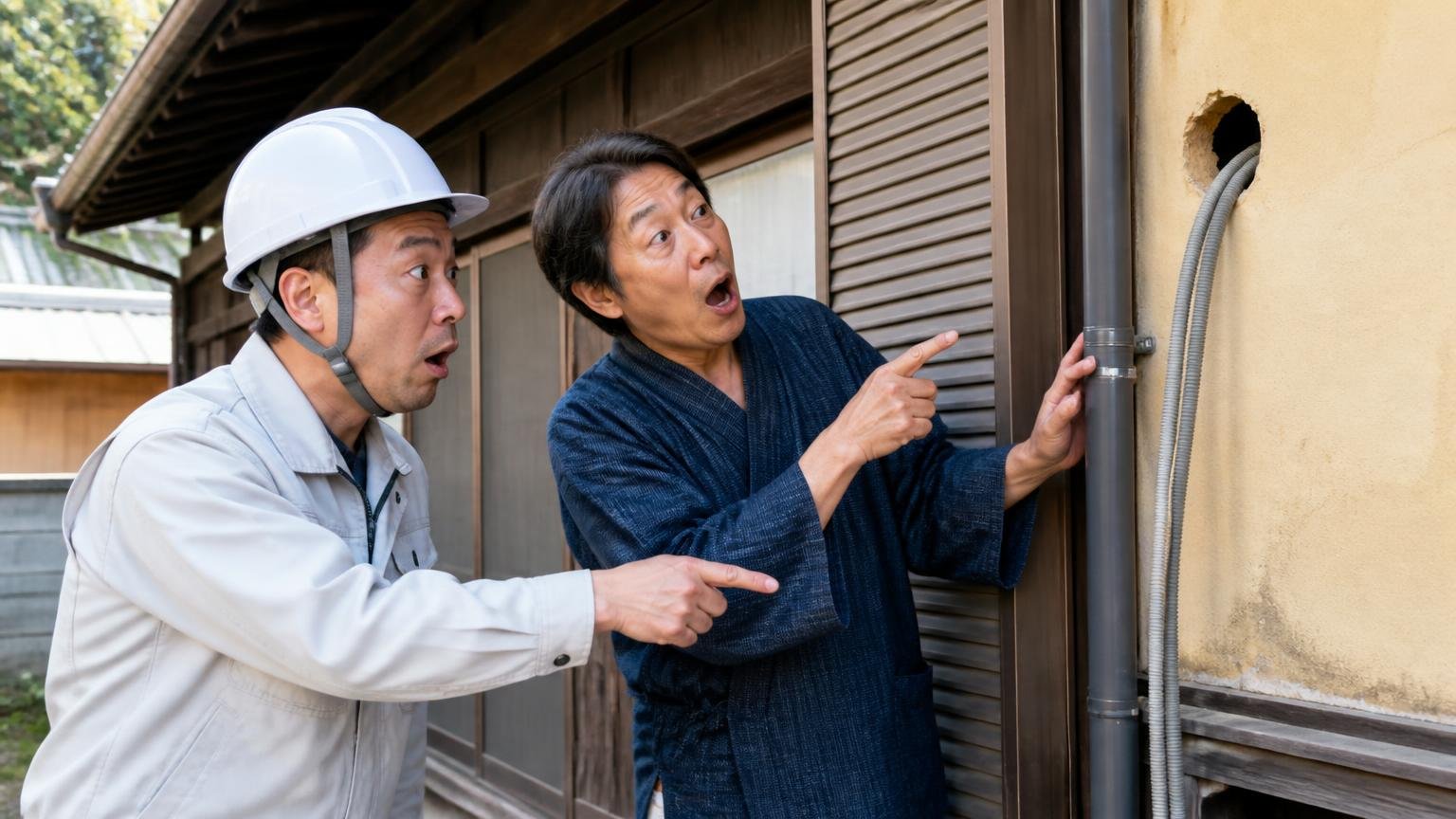 壁と配管まわり:配線の穴と雨戸の戸袋。古民家の外壁前で作業員1人と住人1人が配管の穴を指さし驚く
