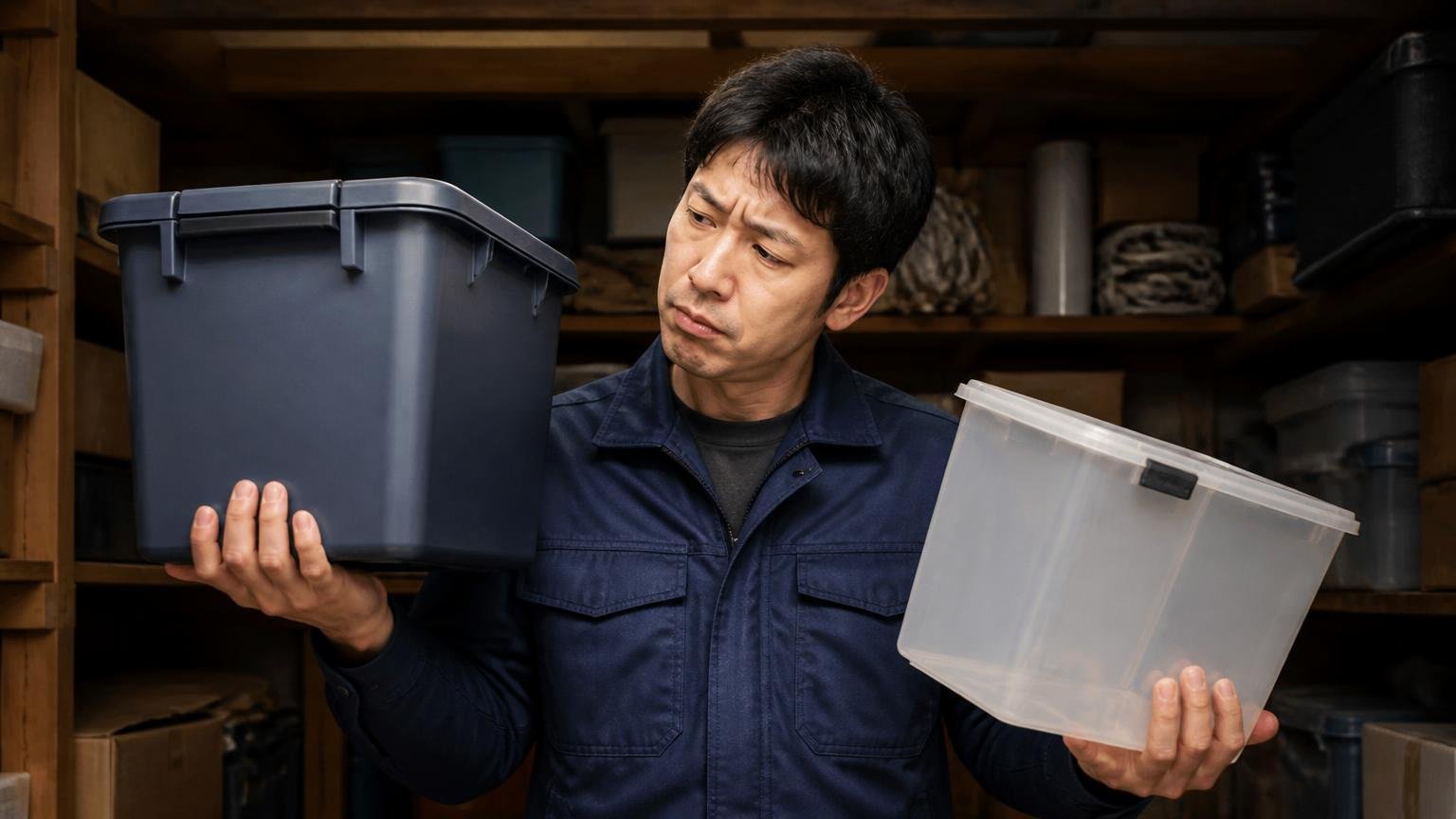 タイプ選びが置き場所と合わない、薄暗い物置で男性1人が2種類の容器を見比べて首をかしげる
