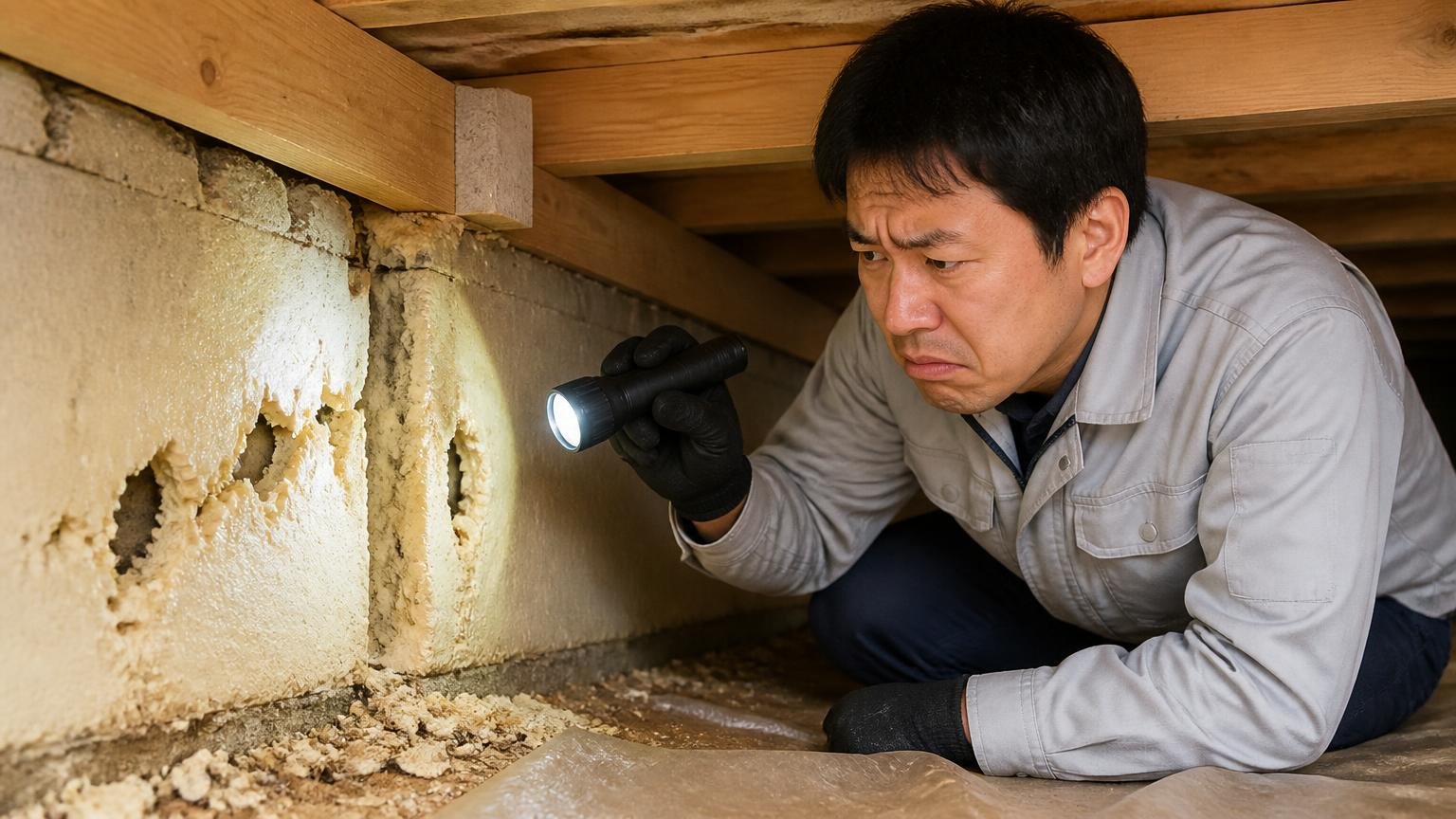 床下の発泡系断熱材はシロアリに狙われる 住宅の床下 作業員1人がライトで基礎まわりを点検し眉をひそめる