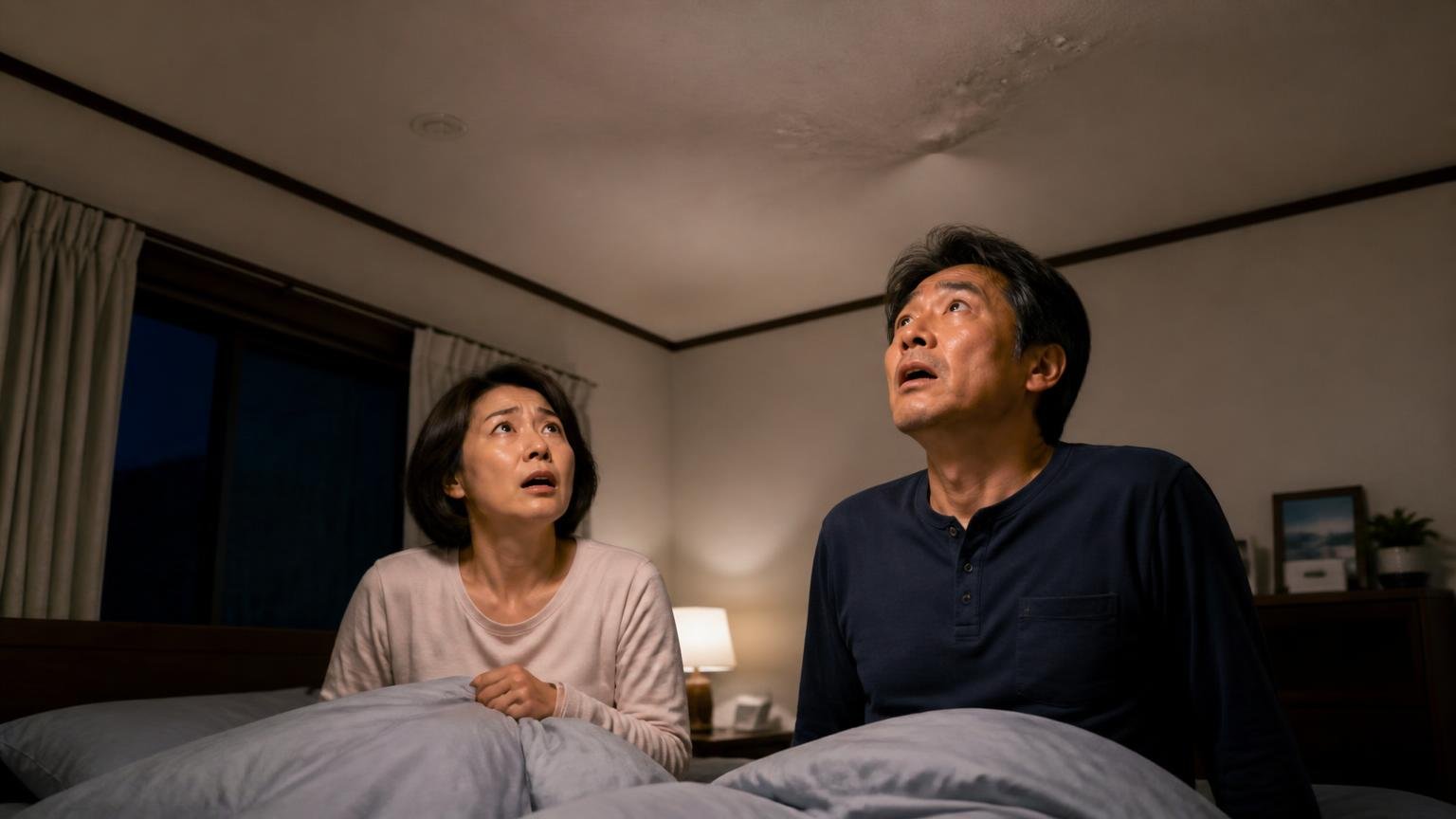 重い足音ならハクビシンなどの可能性。夜の住宅2階の部屋で夫婦2人が天井を見上げ体をこわばらせる場面