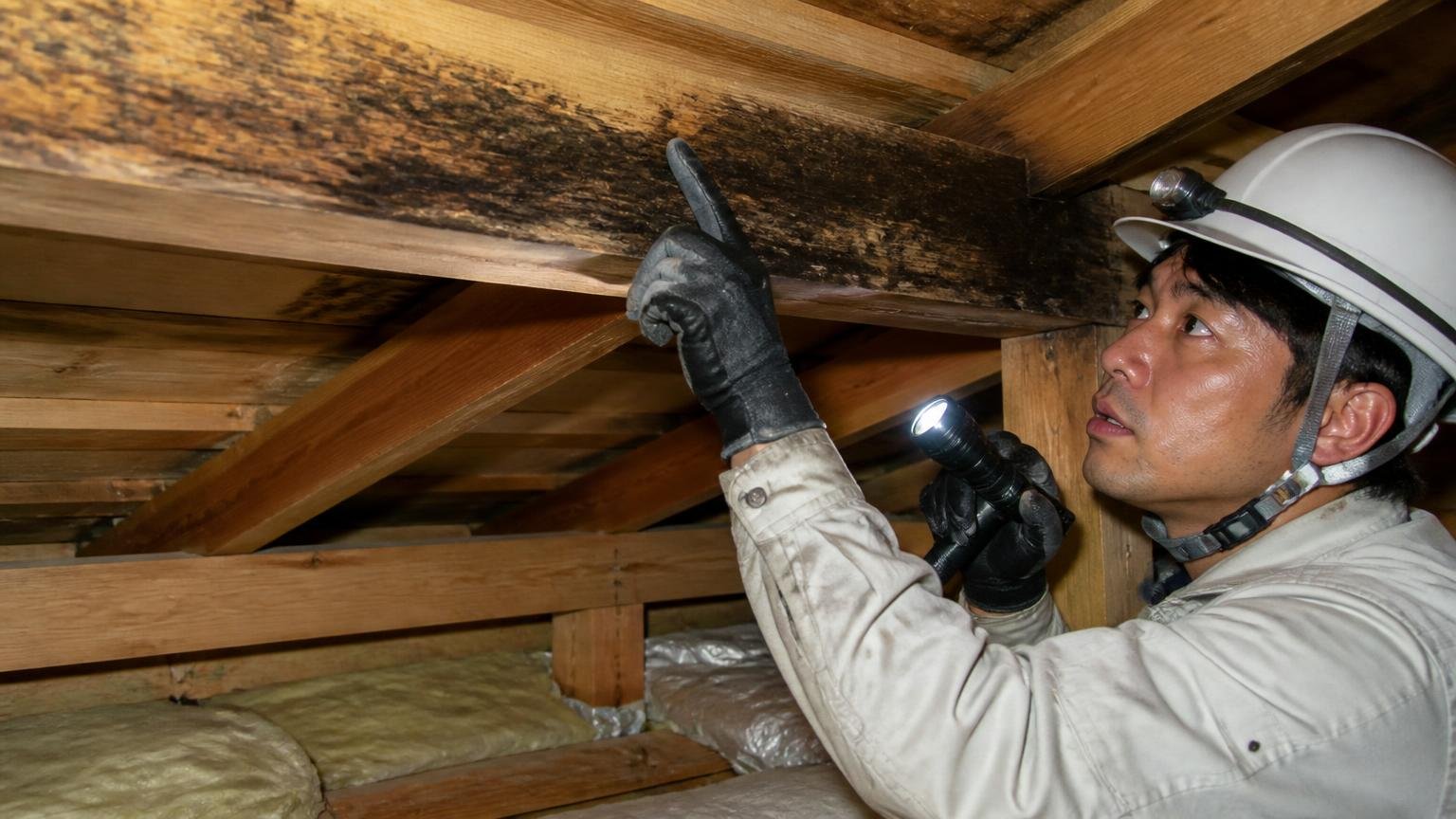 フンとラットサインで種類を見分ける。木造戸建ての天井裏で梁の黒い汚れを懐中電灯で照らし指さす作業員1人