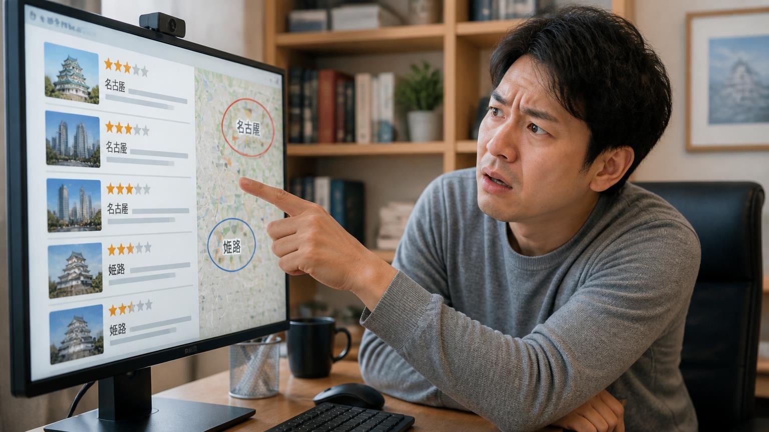 名古屋の口コミに姫路の体験が混在。自宅の書斎でPC画面の地名を指さす30代男性が困惑した表情