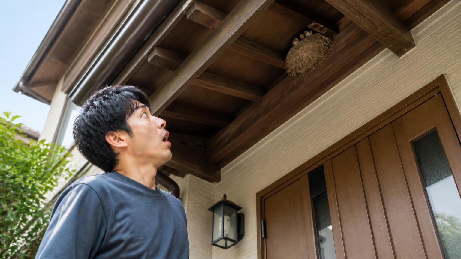 動物はにおいや音に慣れて学習する|木造戸建ての屋根の軒下を見上げる玄関前で20代男性が驚いた表情をする