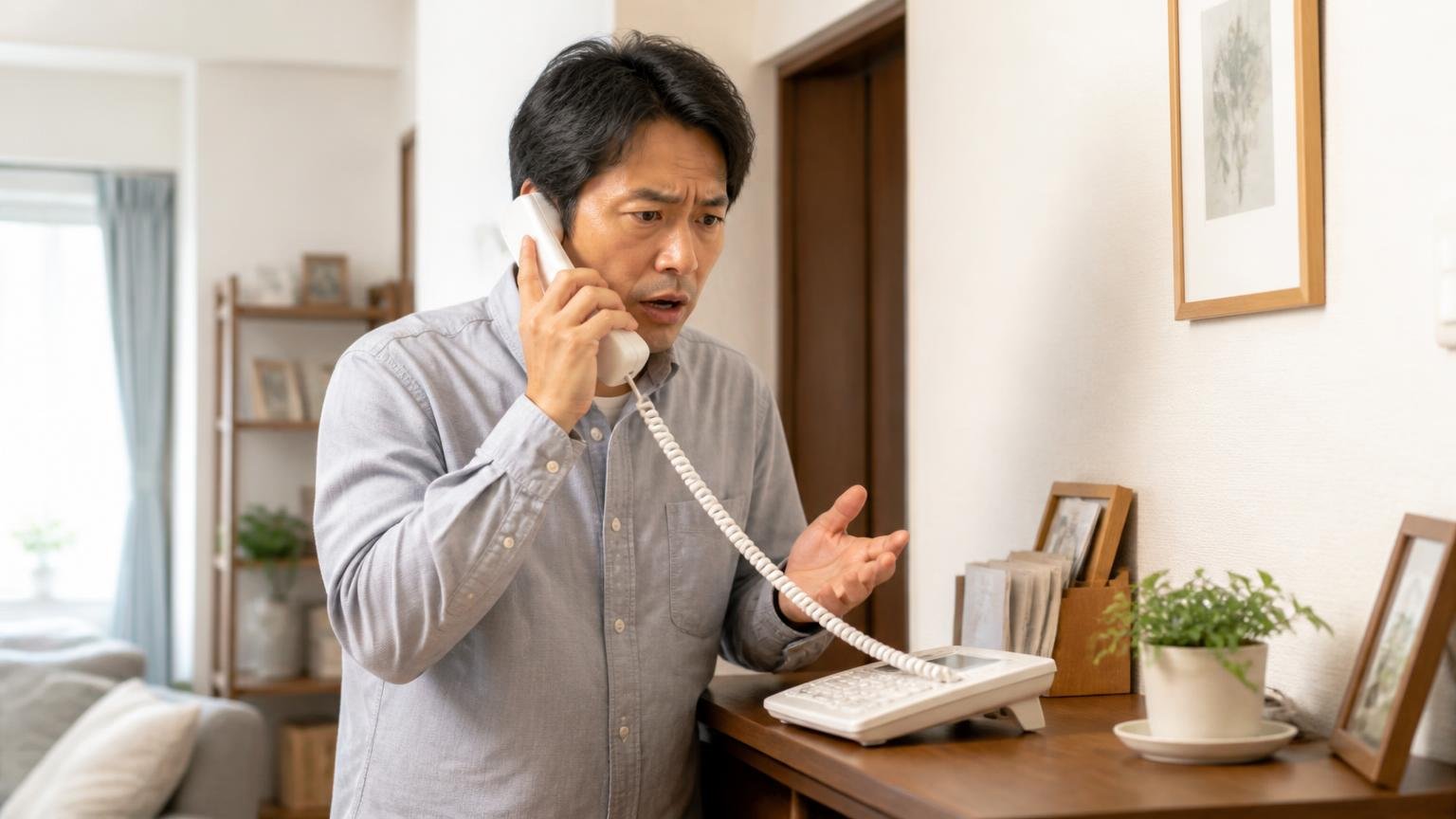モグラの捕獲前に自治体へ確認しておきたい法律の枠組み|自宅の電話台で市役所に問い合わせる住人1人