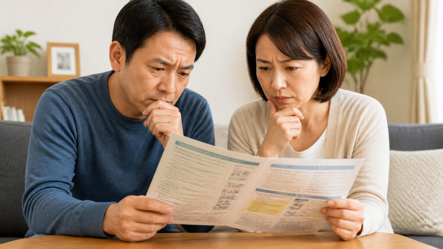 「追い払う」と「捕まえる」は法律上まったく別の話 自宅のリビングで自治体の資料を読む夫婦2人が真剣な表情