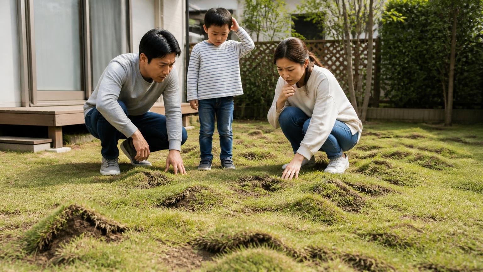 被害は見た目・作物芝生・安全の3段階で見る 凸凹になった芝生の庭 大人2人と子ども1人 足元を心配して見る