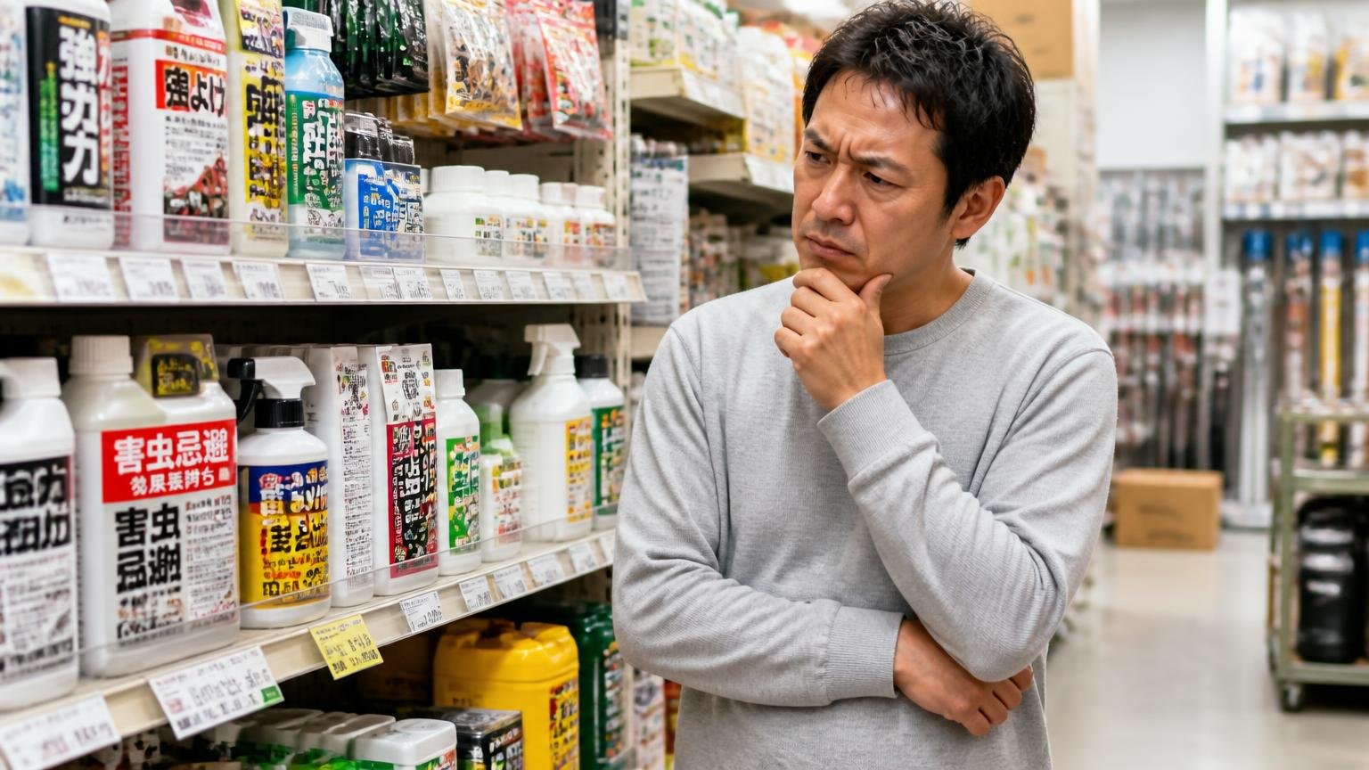 強い忌避剤の買い足しは遠回り ホームセンターの対策コーナー 買い物客1人が複数の商品を前に迷う表情