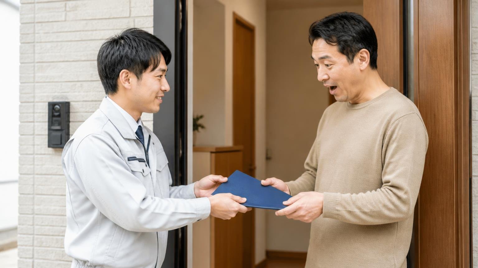 5年保証の中身を確認する。住宅の玄関で作業員1人が住人男性1人に保証書を手渡す