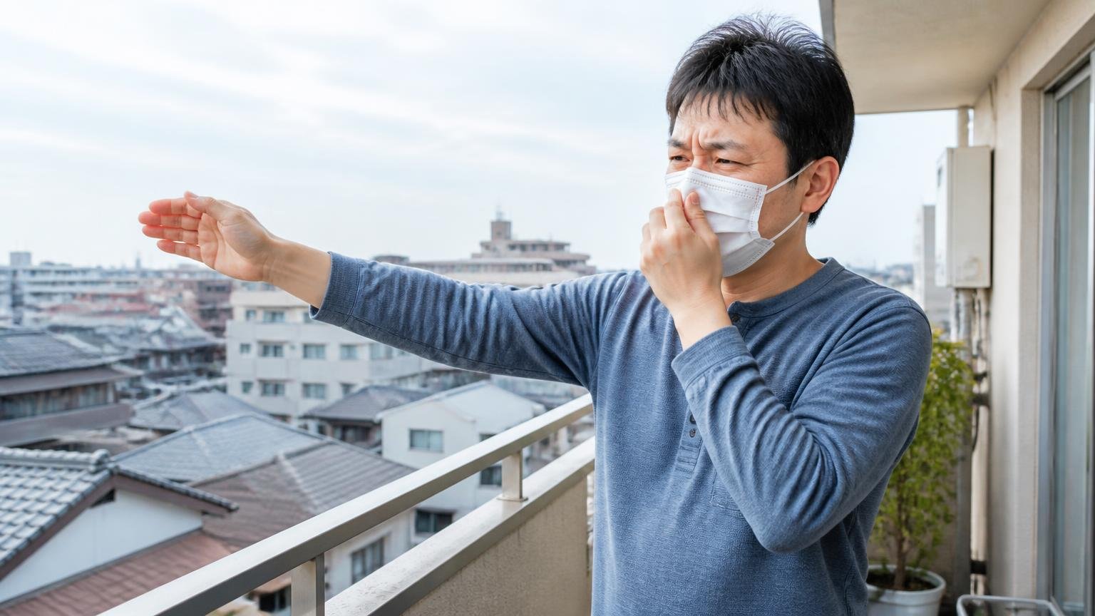 臭いへの注意 住宅のベランダでマスクをして風向きを確かめる住人1人 顔をしかめる