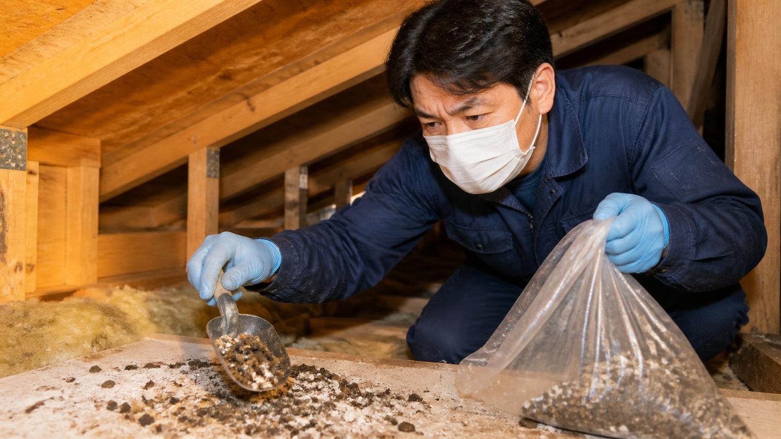 フン掃除は消臭で終われない理由。木造戸建ての天井裏でマスク姿の作業員1人が慎重にフンを回収する