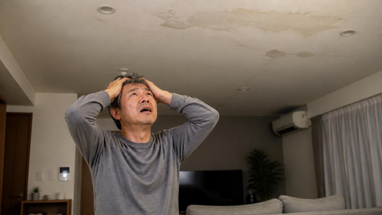 2か月待っても変わらない天井。深夜のリビングで天井を見上げる50代男性が両手で頭を抱えて嘆く