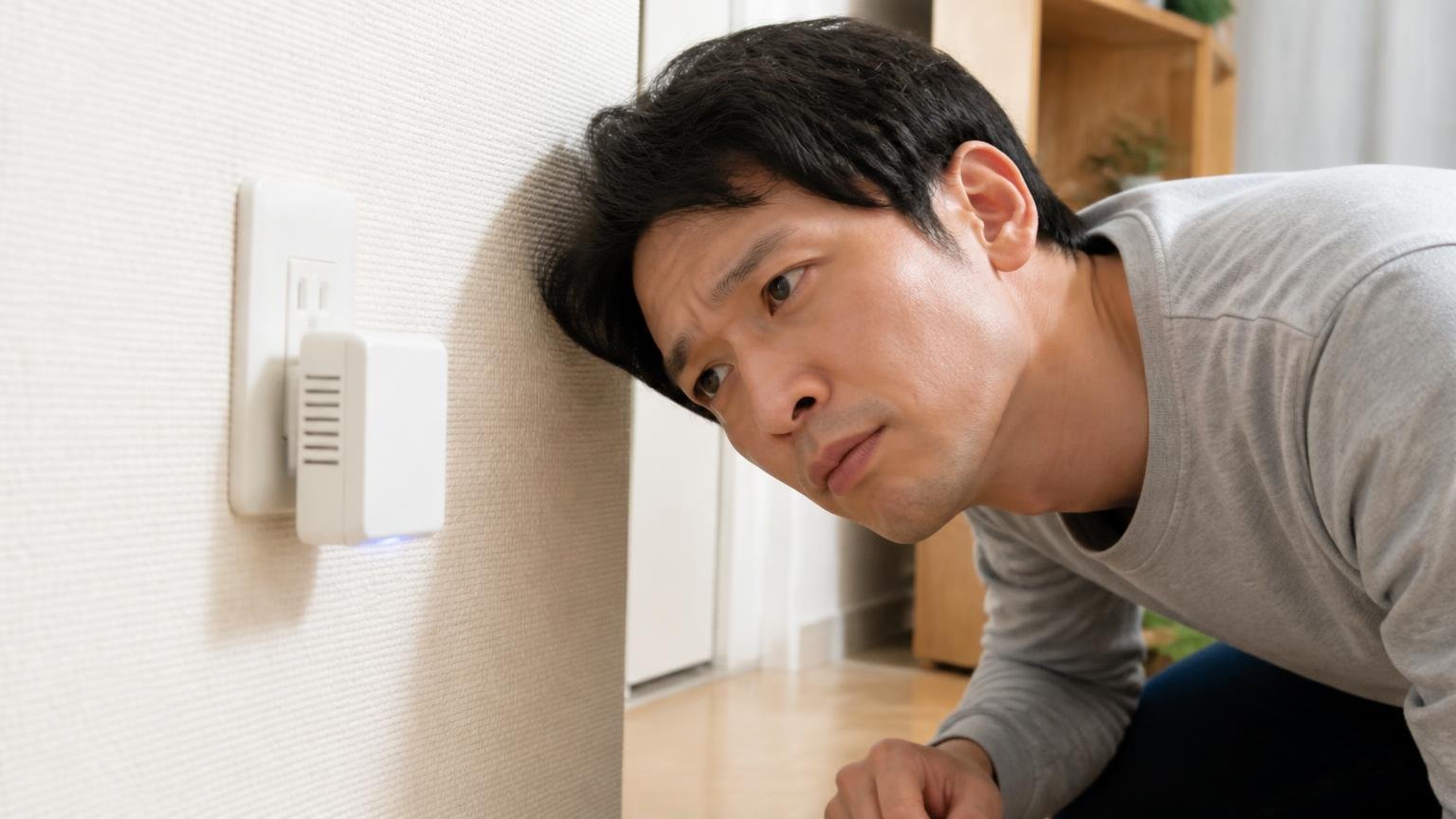 作動しているか分からない弱点 住宅の壁のコンセントに挿さった小型機器を至近距離で覗き込む30代男性が首をかしげる